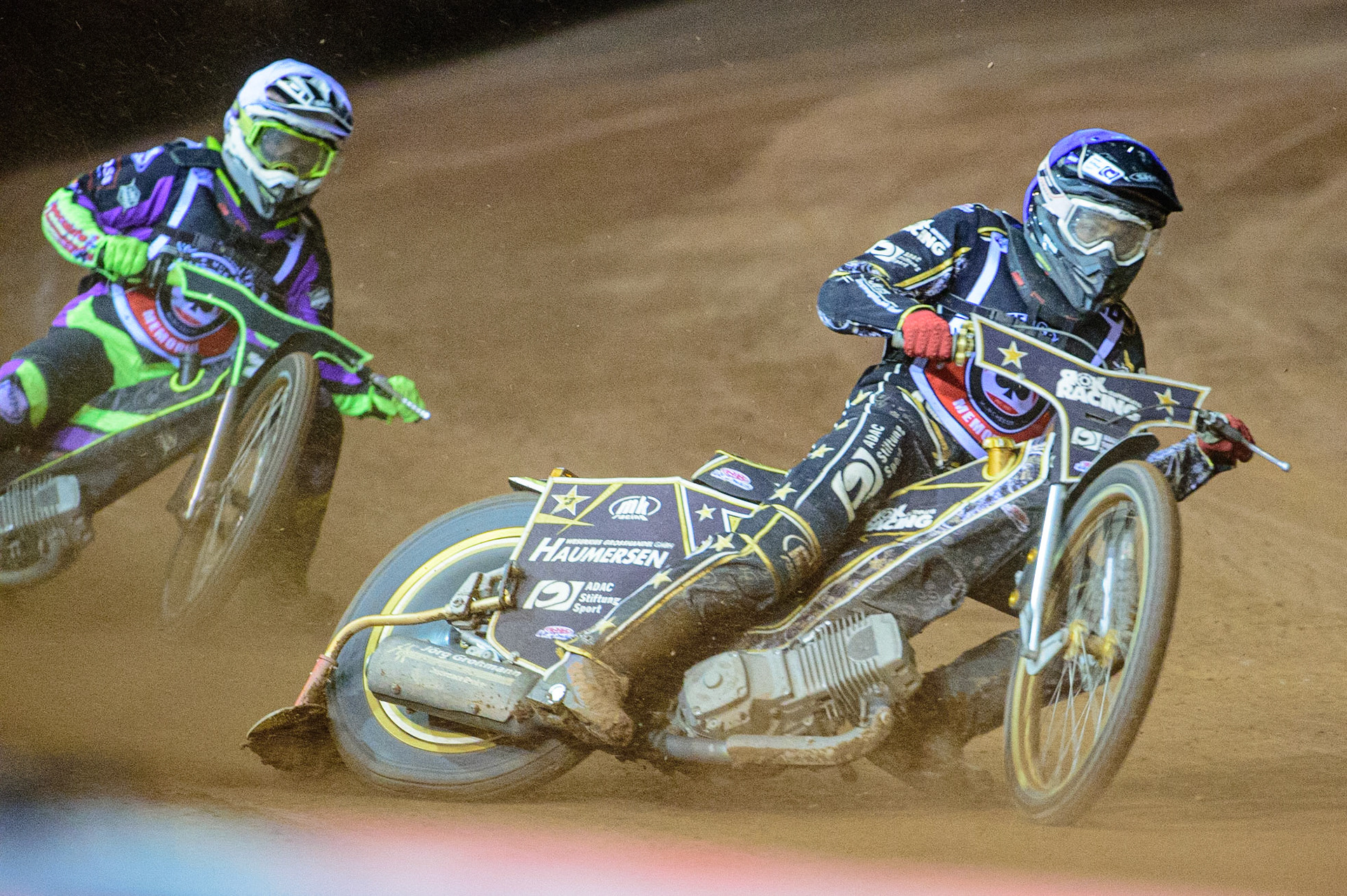 MANCHESTER, UK. OCT 23RD  Nick Blödorn  (Blue) leads Tom Brennan  (White) during the Peter Craven Memorial Trophy event at the National Speedway Stadium, Manchester on Saturday 23rd October 2021. (Credit: Ian Charles | MI News)