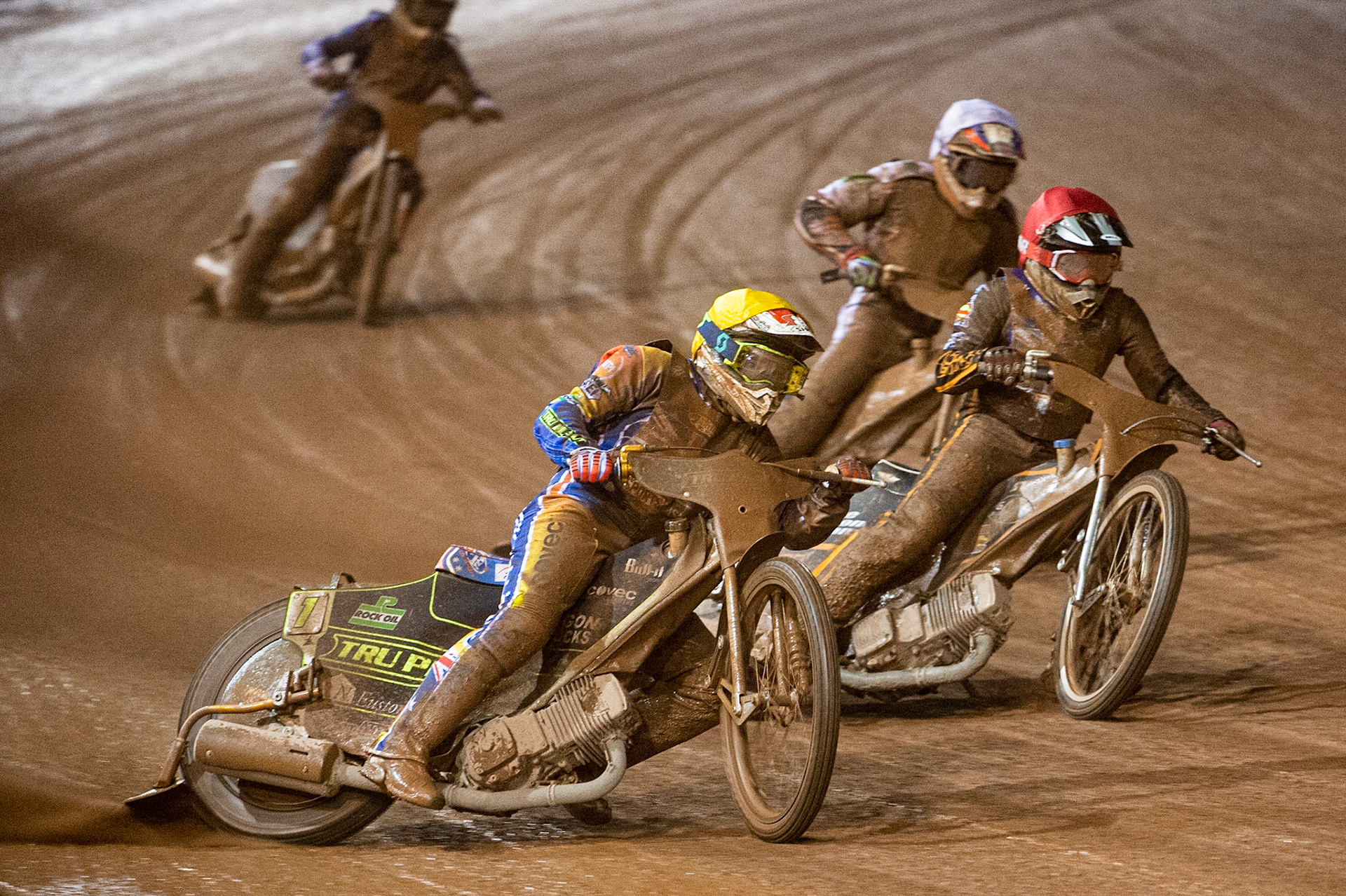 Photo: Ian CharlesJason Crump   (Yellow)  leads  Ben Barker   (Red)  Steve Worrall   (White)  and Lewis Kerr   (Blue) Sports Insure British Speedway Championship Final, National Speedway Stadium, Manchester Monday  28  September  2020