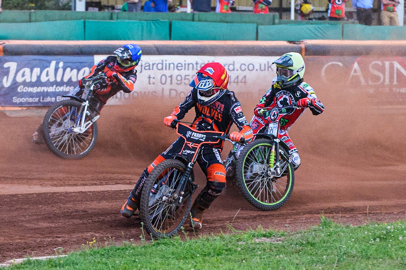 WOLVERHAMPTON, UK. JULY 26TH Sam Masters (Red) leads Charles Wright  (Yellow) and Ryan Douglas  (Blue) during the SGB Premiership match between Wolverhampton Wolves and Belle Vue Aces at the Ladbroke Stadium, Wolverhampton on Monday 26th July 2021. (Credit: Ian Charles | MI News)