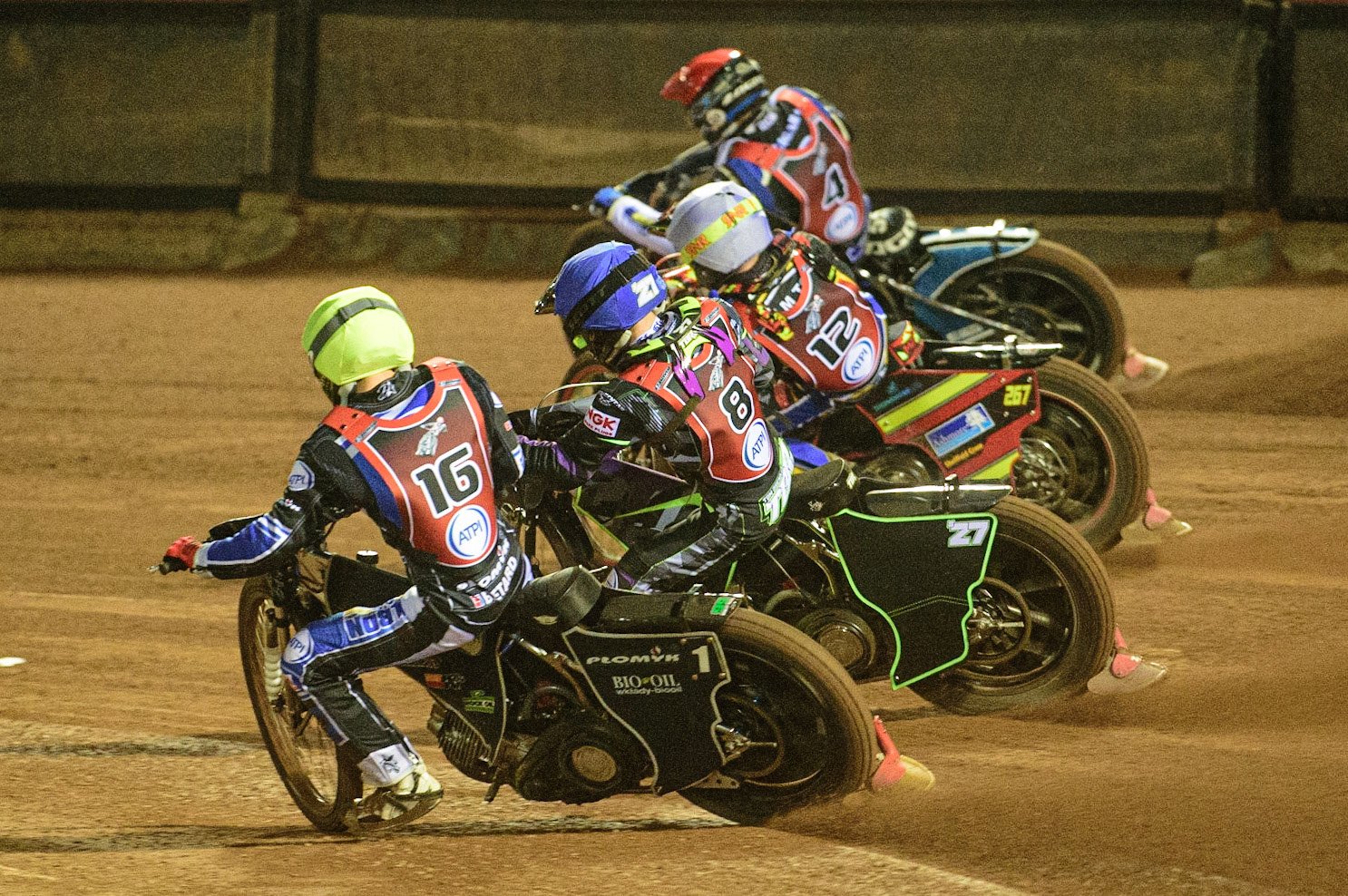 MANCHESTER, UK. MAR 21ST. A tight 4th turn with Dan Bewley (Yellow), Tom Brennan (Blue) Michael Palm-Toft (White) and Matej Žagar  (Red) during the ATPI Peter Craven Memorial Trophy at the National Speedway Stadium, Manchester on Monday 21st March 2022. (Credit: Ian Charles | MI News)