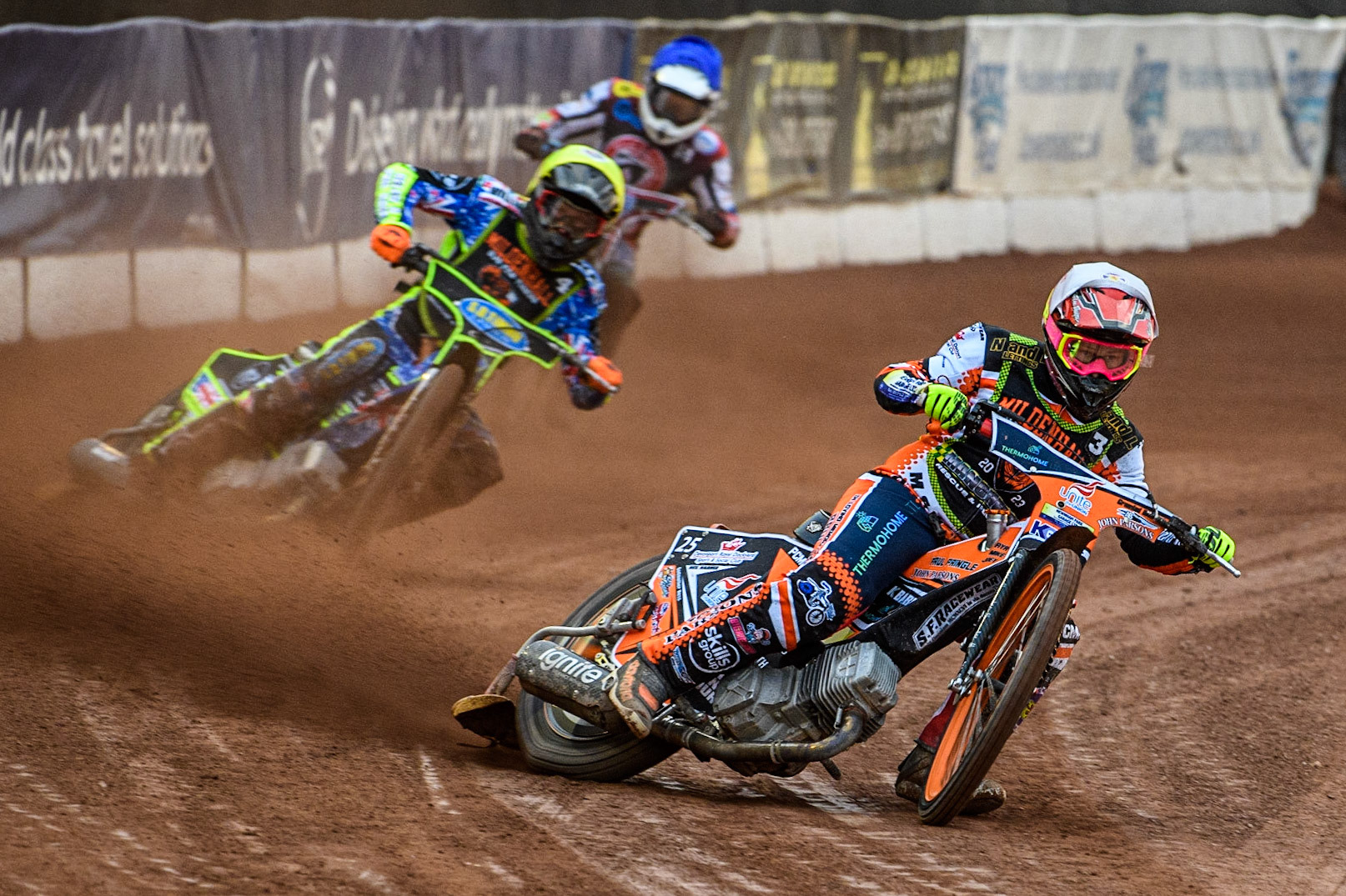 Ben Trigger (White) leads George Congreve (Yellow) and Paul Bowen (Blue) during the National Development League match between Belle Vue Colts and Mildenhall Fens Tigers at the National Speedway Stadium, Manchester on Friday 26th May 2023. (Photo: Ian Charles | MI News)