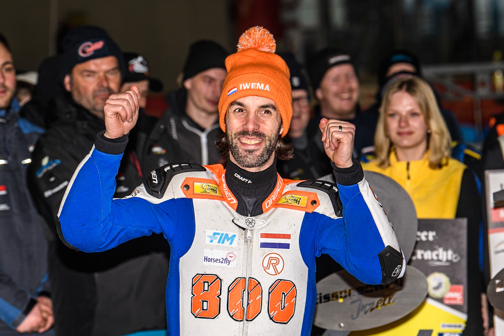 Jasper Iwema (800) of The Netherlands celebrates the first ever rostrum placing by a Dutch rider during the Ice Speedway Gladiators World Championship Final 2 at Max-Aicher-Arena, Inzell on Sunday 16th March 2025. (Photo: Ian Charles | MI News)