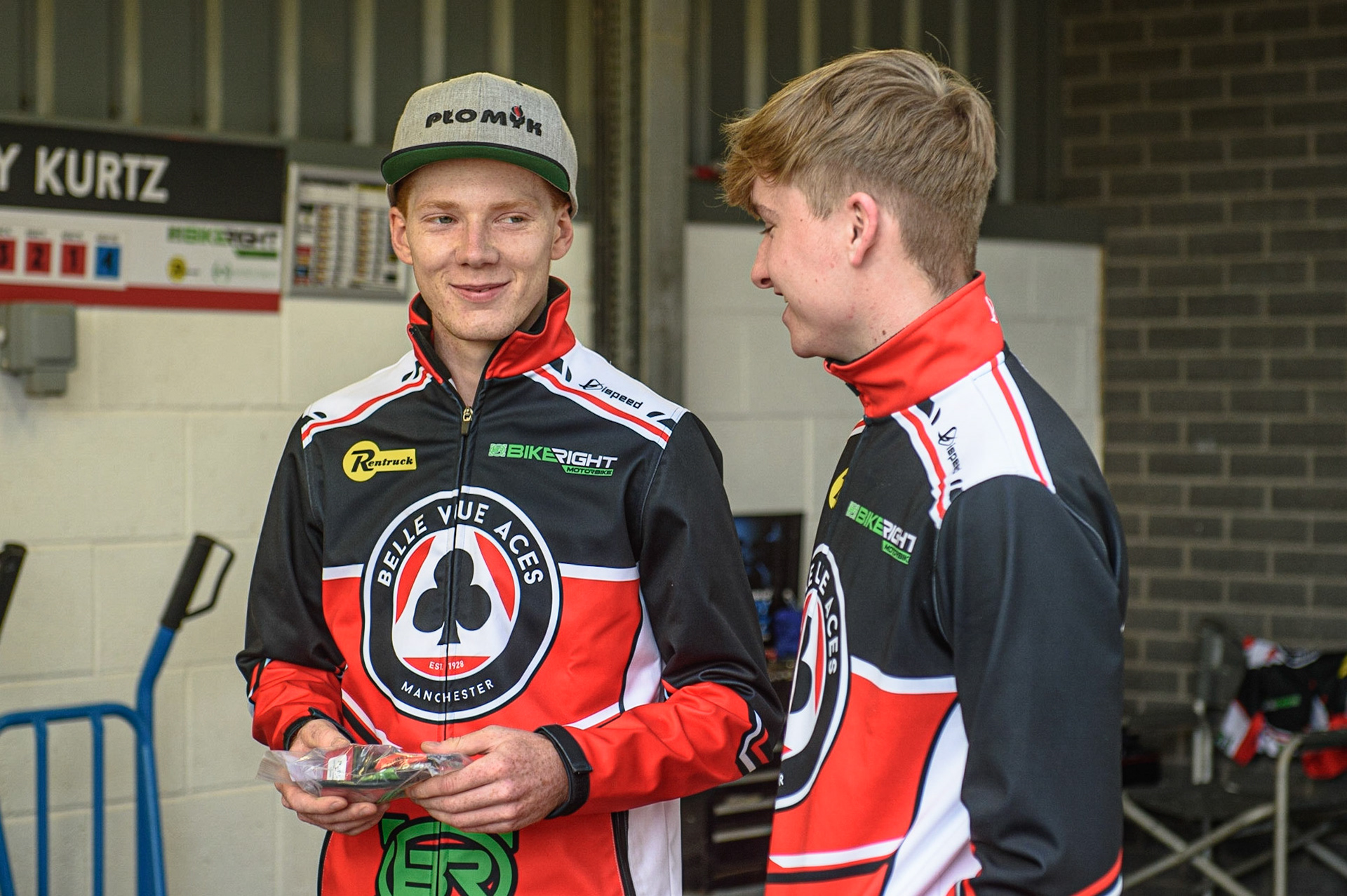 MANCHESTER UKDan Bewley  (left) with Tom Brennan before the match during the SGB Premiership match between Belle Vue Aces and Ipswich Witches at the National Speedway Stadium, Manchester on Monday 2nd August 2021. (Credit: Ian Charles | MI News)