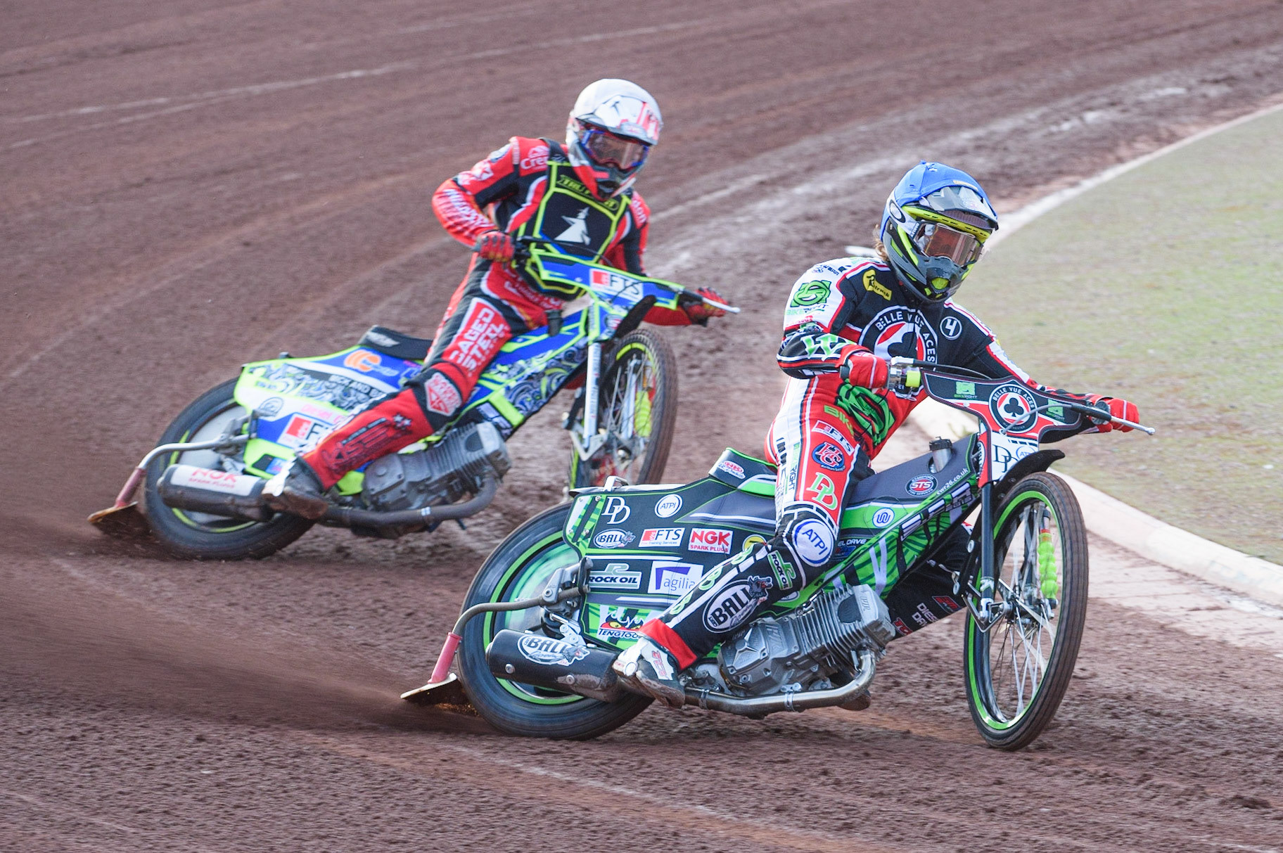 MANCHESTER, UK. JUNE 7TH   Charles Wright  (Blue) leads Aaron Summers  (White) during the SGB Premiership match between Belle Vue Aces and Ipswich Witches at the National Speedway Stadium, Manchester on Monday 7th June 2021. (Credit: Ian Charles | MI News)