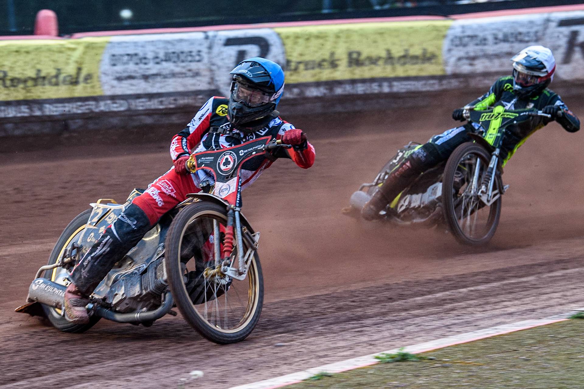 Belle Vue Aces' Norick Blodorn  in Blue leading Ipswich Witches' Danny King in White during the Rowe Motor Oil Premiership match between Belle Vue Aces and Ipswich Witches at the National Speedway Stadium, Manchester on Monday 1st July 2024. (Photo: Ian Charles | MI News)