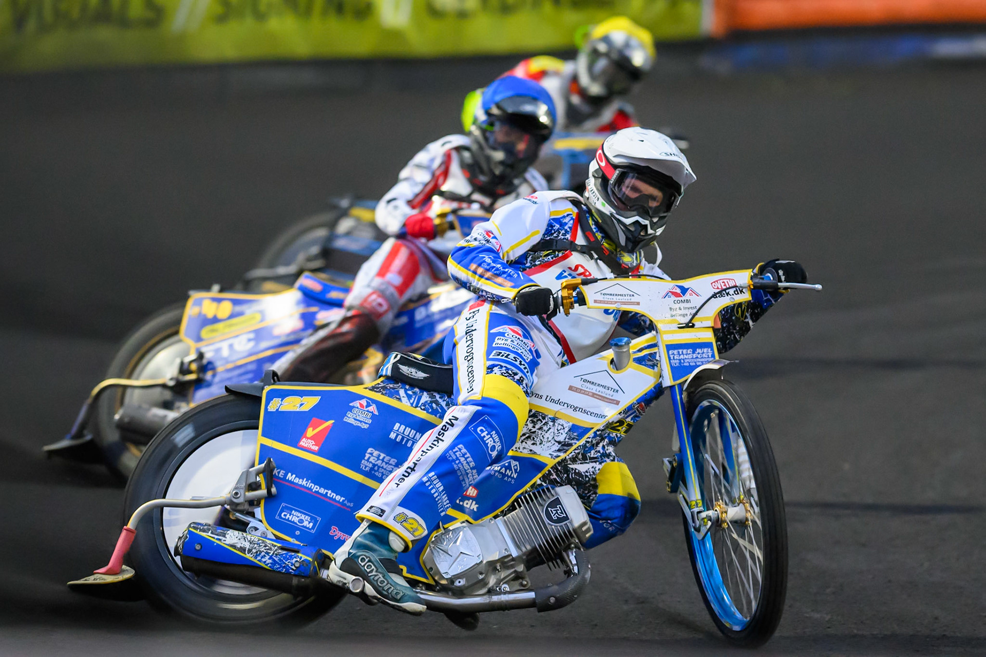 Rasmus Pedersen of Denmark in White leading Jacob D. Jensen of Denmark in Blue and Eddie Bock of Sweden in Yellow during the Gouden KENNY Helm at Speedway Veenoord, Veenoord in the Netherlands on Saturday 19th September 2026. (Photo: Ian Charles | MI News)