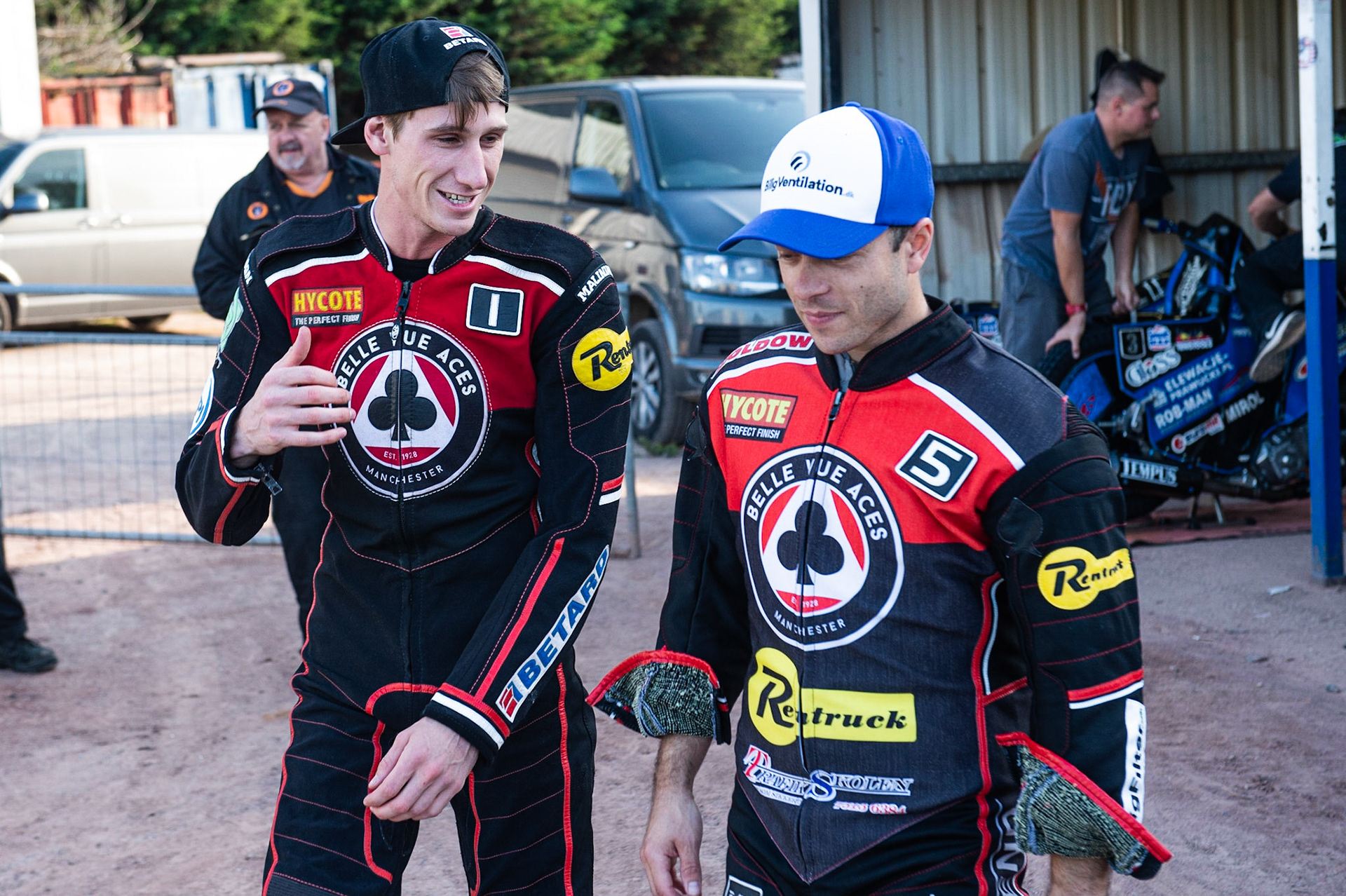 Photo by Ian Charles:

Max Fricke  (left) and Kenneth Bjerre  

Wolverhampton Wolves v Belle Vue Aces, British Speedway Premiership 5 August 2019