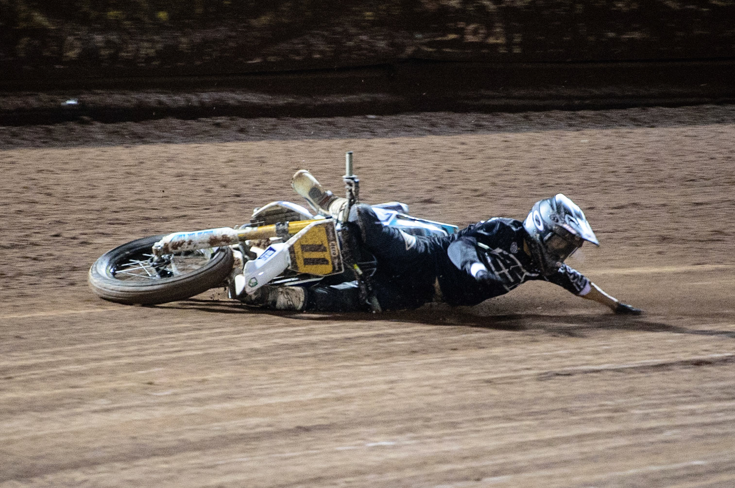 MANCHESTER, UK. OCT 30TH   Gary Birtwistle (11) falls during the Manchester Masters Sidecar Speedway and Flat Track Racing at the National Speedway Stadium, Manchester on Saturday 30th October 2021. (Credit: Ian Charles | MI News)