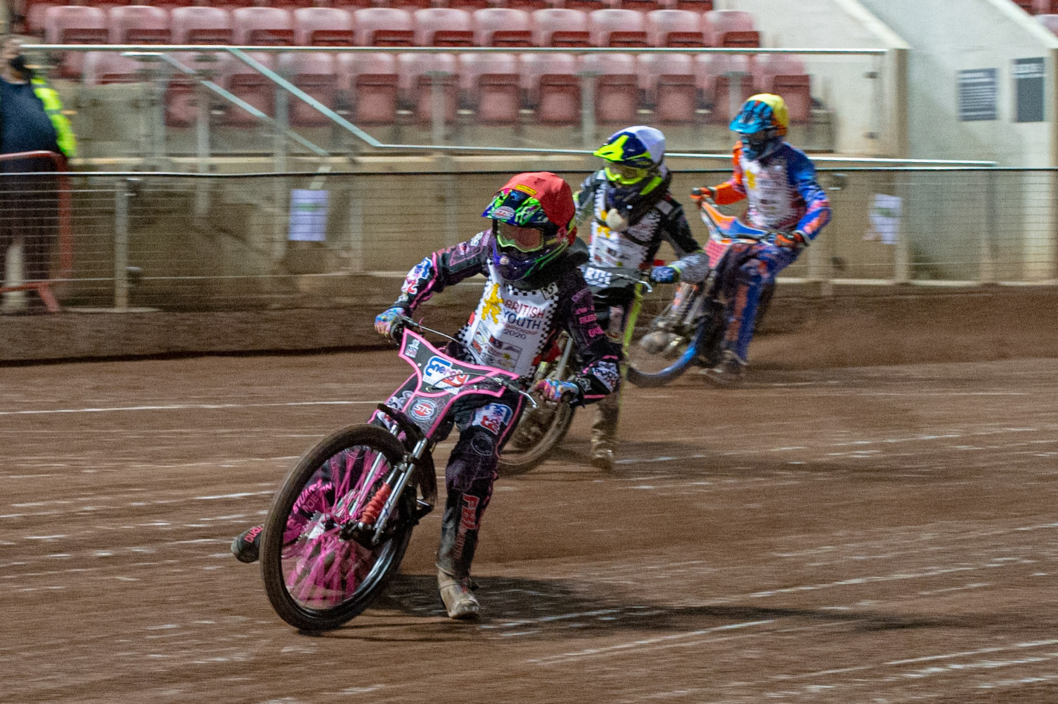 Photo: Ian Charles500cc B Class Final:Danny Smith (Red) leads Alex Goldsborough (White) and Sam Peters (Yellow)British Youth Speedway Championship (Round 5), National Speedway Stadium, Manchester Saturday  10  October  2020