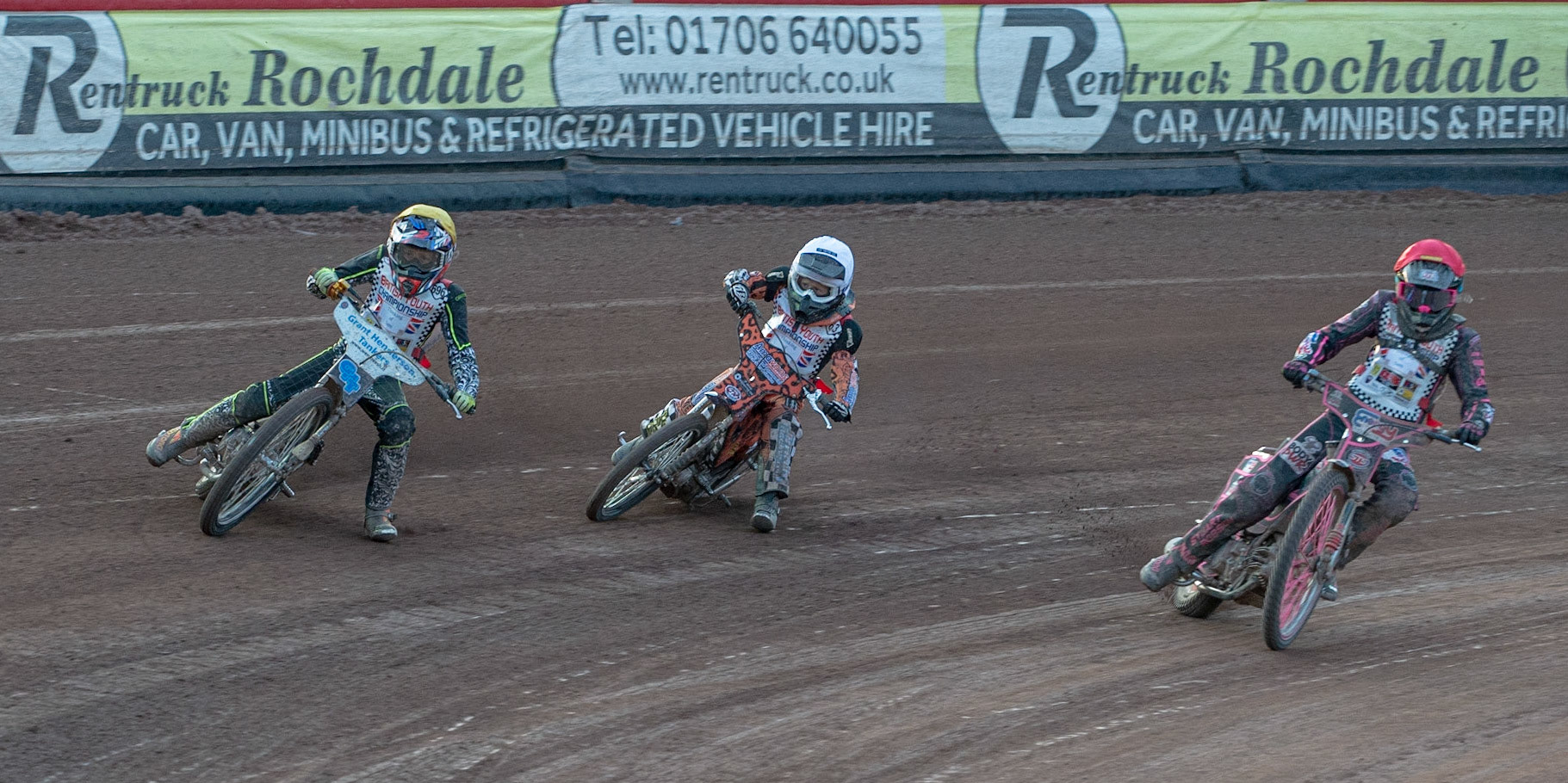 Photo: Ian Charles

Danny Smith (Red) inside Cooper Rushen (White) and Ace Pijper (Yellow)

Summer Speed Saturday & British Youth Speedway Championship Round 5, National Speedway Stadium, Manchester, Saturday 22 June 2019