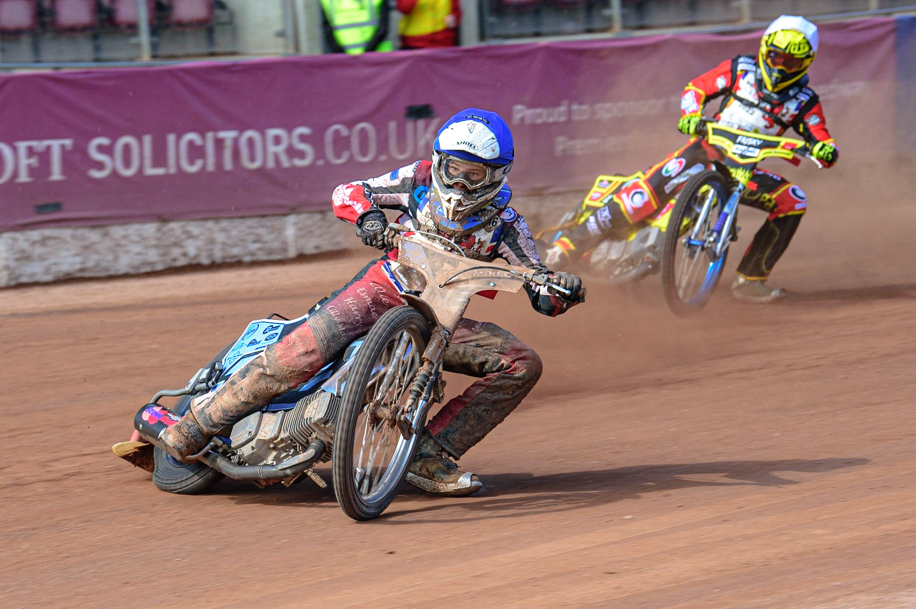 MANCHESTER, UK. JUN 3RD Sam McGurk (116) (Blue) leads Max James (54) (White) during the British Youth Speedway Championship (Round 4)  at the National Speedway Stadium, Manchester on Friday 3rd June 2022. (Credit: Ian Charles | MI News)