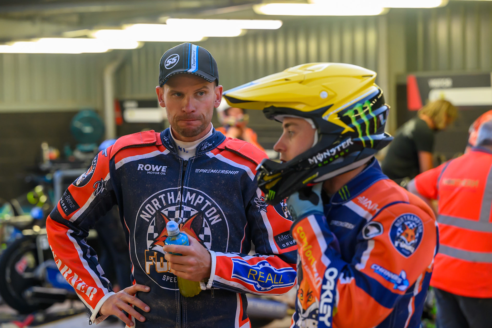 Matej Zagar of Northampton Foxes (Left) with Jaimon Lidsey of Northampton Foxes  during the Rowe Motor Oil Premiership match between Belle Vue Aces and Northampton Foxes at the National Speedway Stadium, Manchester on Monday 13th July 2026. (Photo: Ian Charles | MI News)
