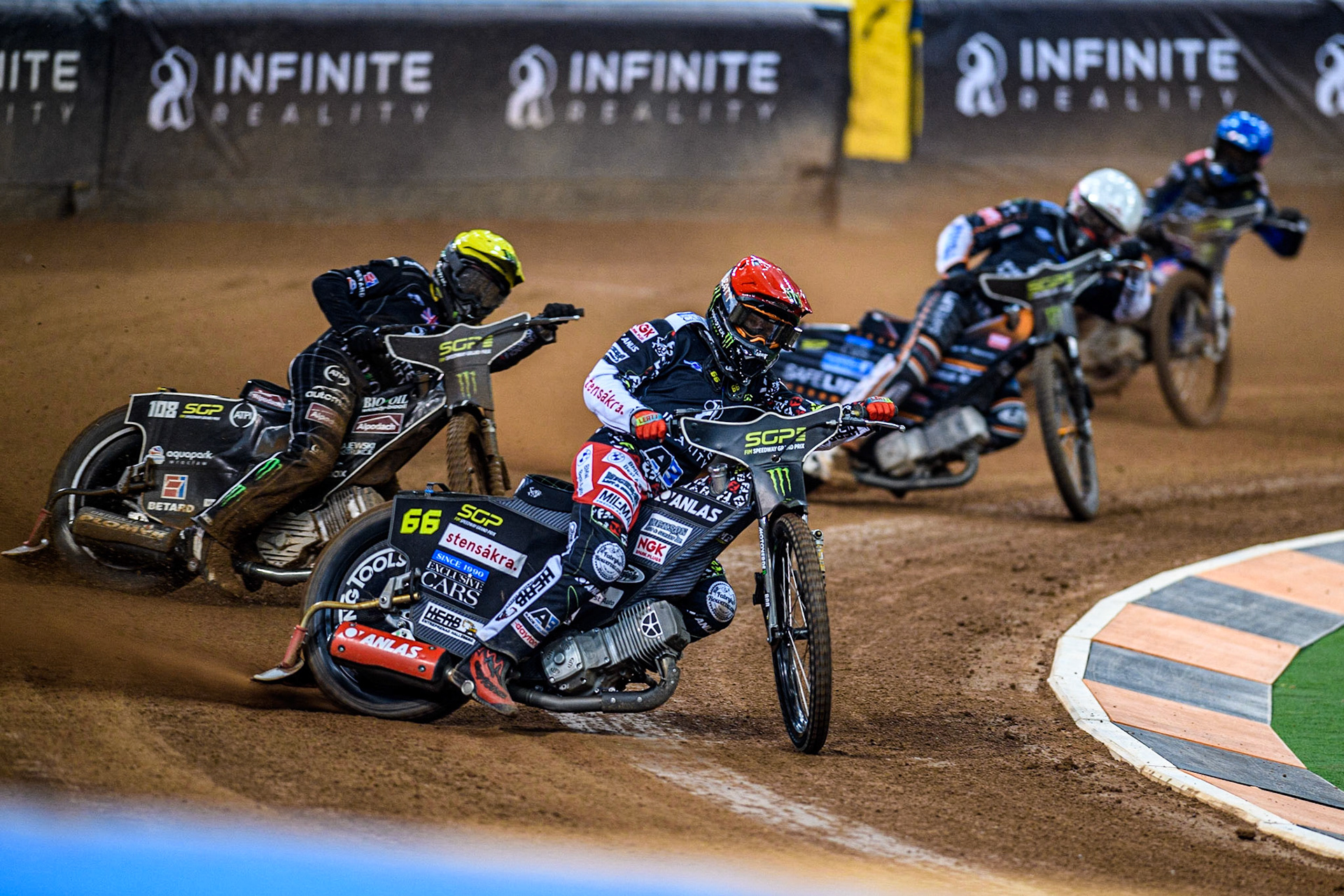 Freddie Lindgren (66) (Red) leads  Tai Woffinden (108) (Yellow) Kim Nilsson (233) (White) and Leon Madsen (30) (Blue) during the FIM Speedway Grand Prix of Great Britain at the Principality Stadium, Cardiff on Saturday 2nd September 2023. (Photo: Ian Charles | MI News)