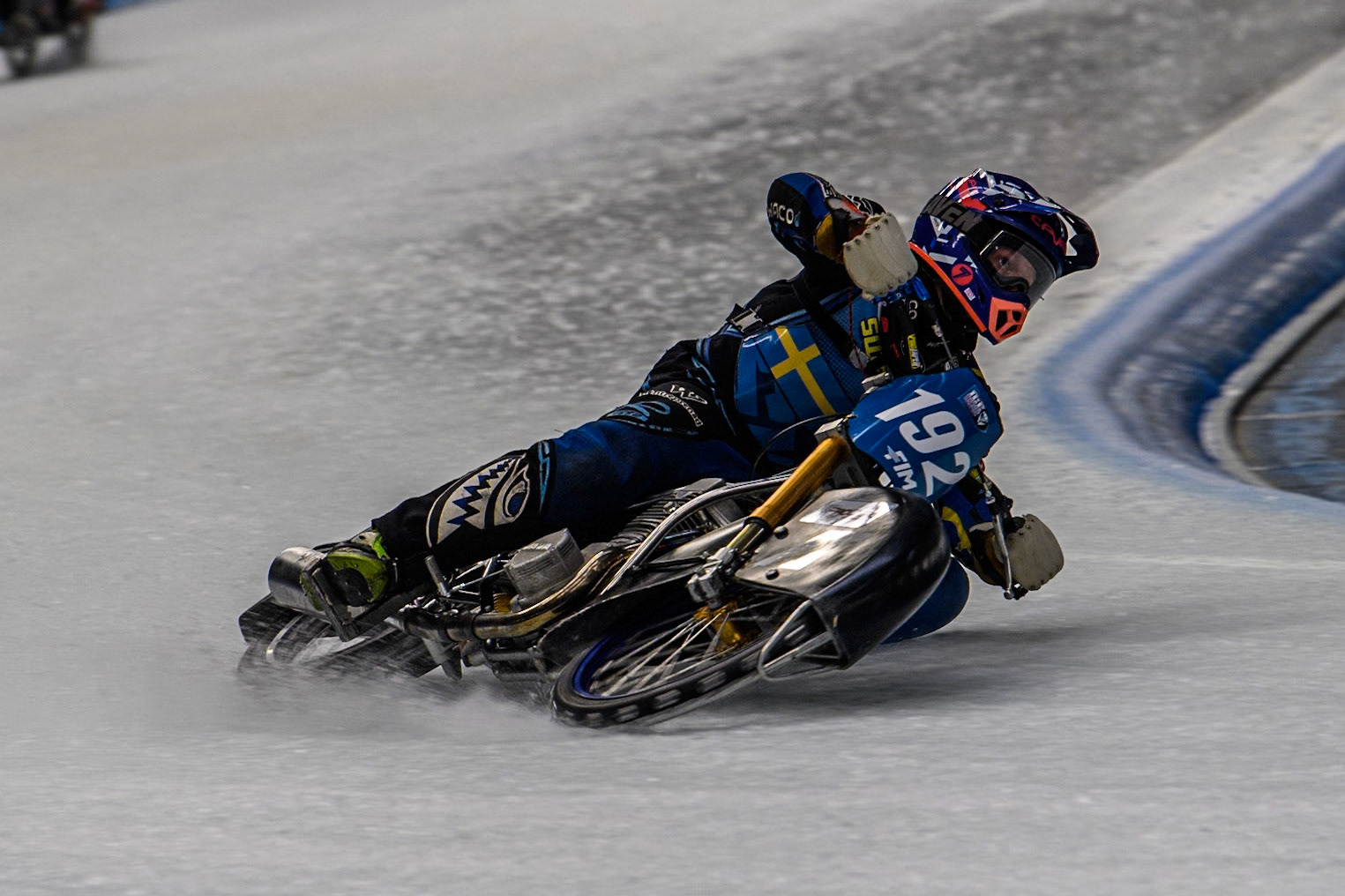 Niclas Svensson (192) of Sweden in action during practice for  the Ice Speedway Gladiators World Championship Finals 1 &amp; 2 at Max-Aicher-Arena, Inzell on Friday 14th March 2025. (Photo: Ian Charles | MI News)
