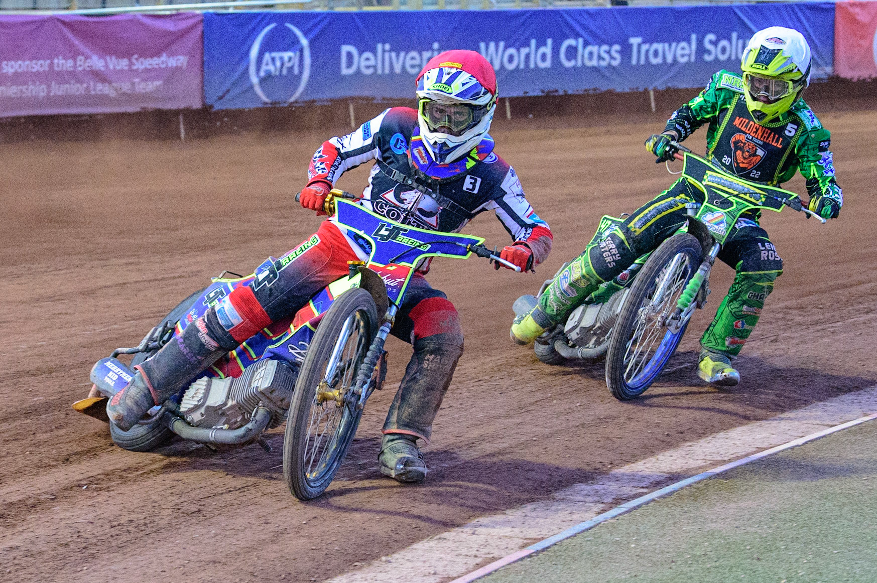 Nathan Ablitt   (Red) leads Sam Bebee  (White) during the National Development League match between Belle Vue Colts and Mildenhall Fens Tigers at the National Speedway Stadium, Manchester on Friday 15th July 2022. (Credit: Ian Charles | MI News)