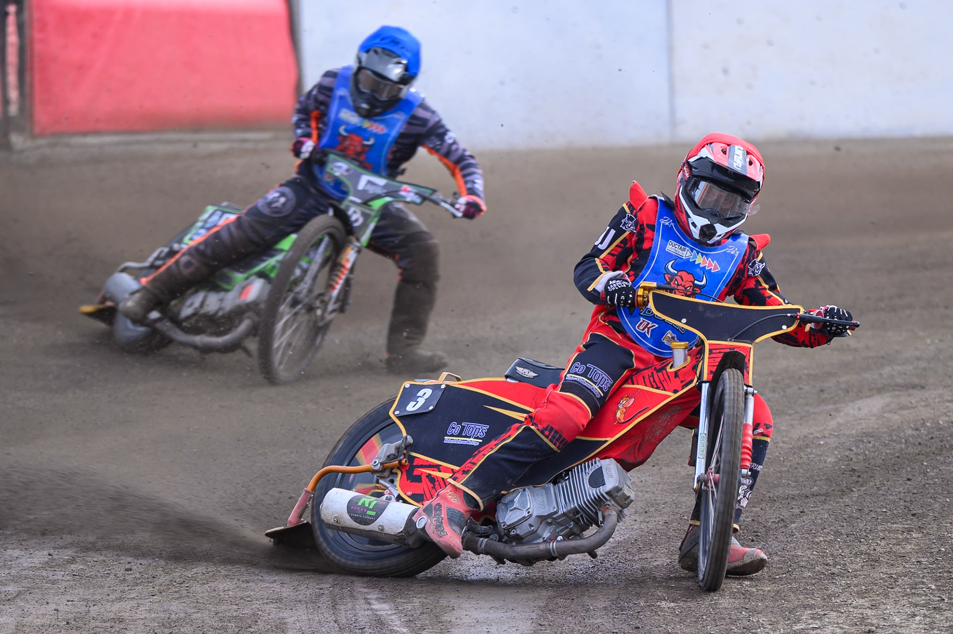 Luke Harris of Buxton Bulls in Red leading team mate Jack Roberts of Buxton Bulls in Blue during the WSRA National Development League match  between Buxton Bulls and Middlesborough Tigers at Hi-Edge Speedway, Buxton on Sunday 16th August 2026. (Photo: Ian Charles | MI News)
