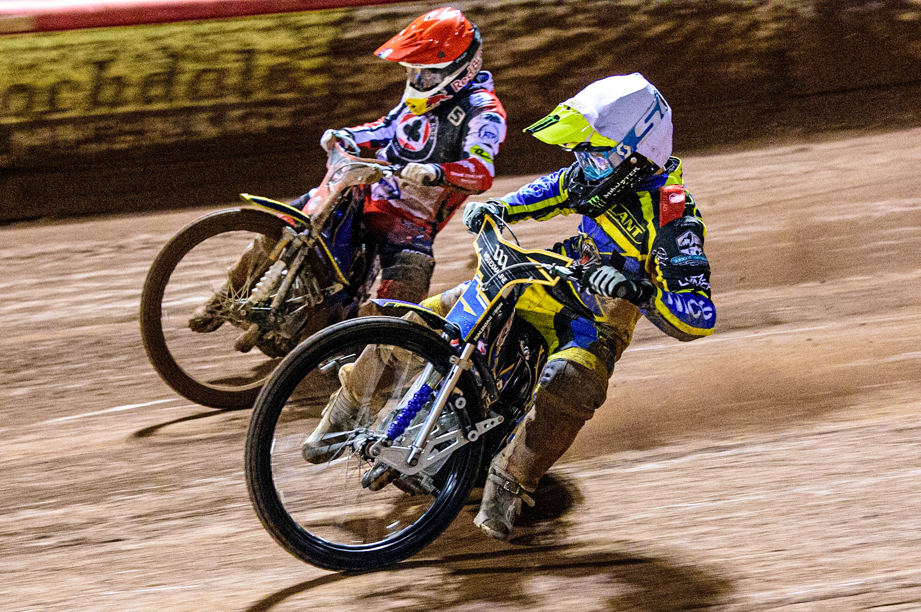 Jack Holder  (White) inside Robert Lambert  (Red) during the SGB Premiership Grand Final 1st leg between Belle Vue Aces and Sheffield Tigers at the National Speedway Stadium, Manchester on Monday 10th October 2022. (Credit: Ian Charles | MI News)