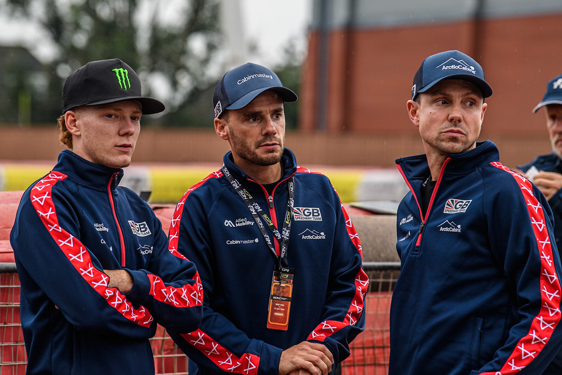 (L to R) Dan Bewley with Team Managers Ollie Allen and Simon Stead from Team GB during the Monster Energy FIM Speedway of Nations 2 (Under 21) Final at the National Speedway Stadium, Manchester on Friday 12th July 2024. (Photo: Ian Charles | MI News)