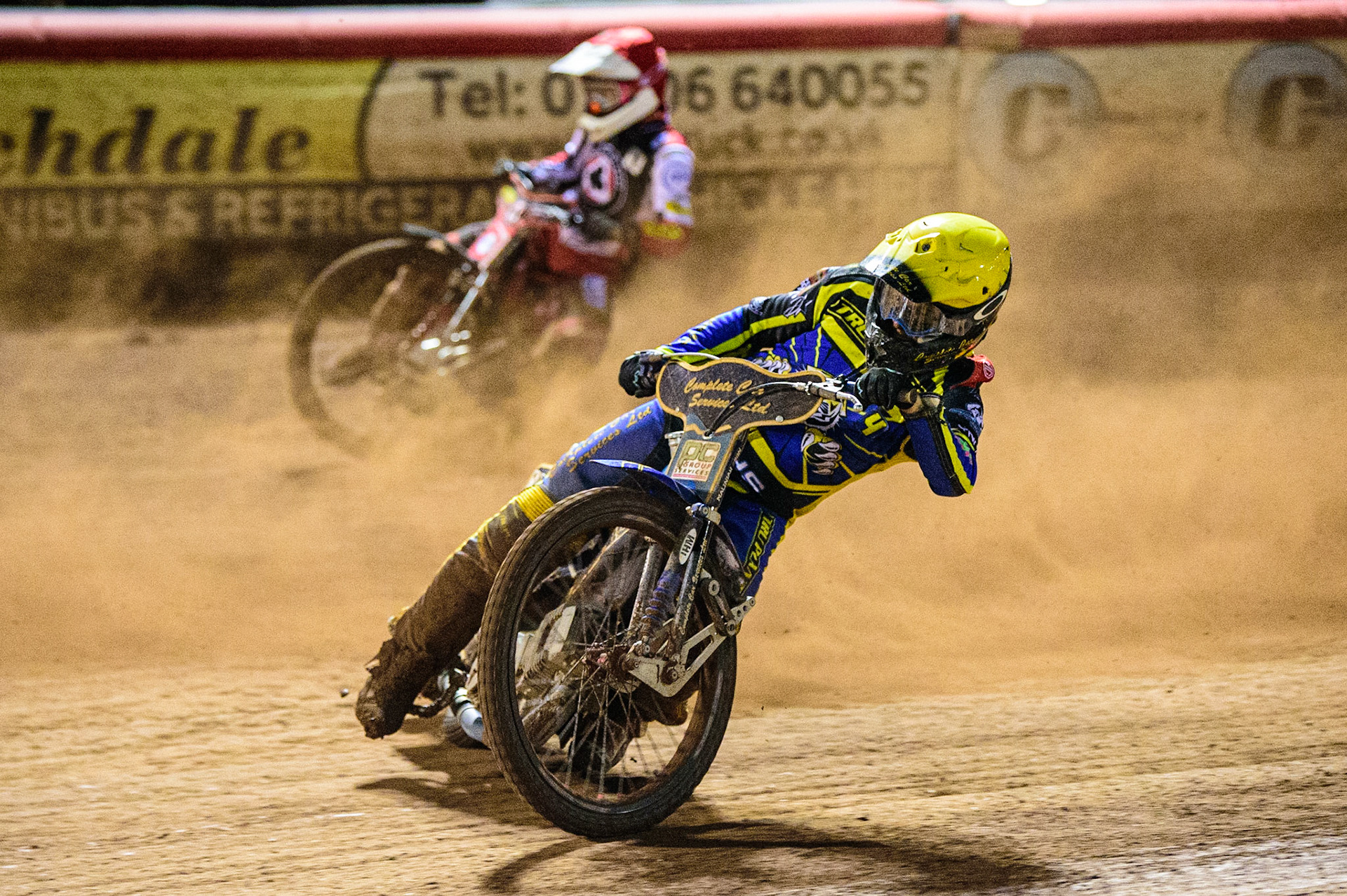 Charles Wright  (Yellow) leads Max Fricke  (Red) during the SGB Premiership match between Belle Vue Aces and Sheffield Tigers at the National Speedway Stadium, Manchester on Monday 5th September 2022. (Credit: Ian Charles | MI News)