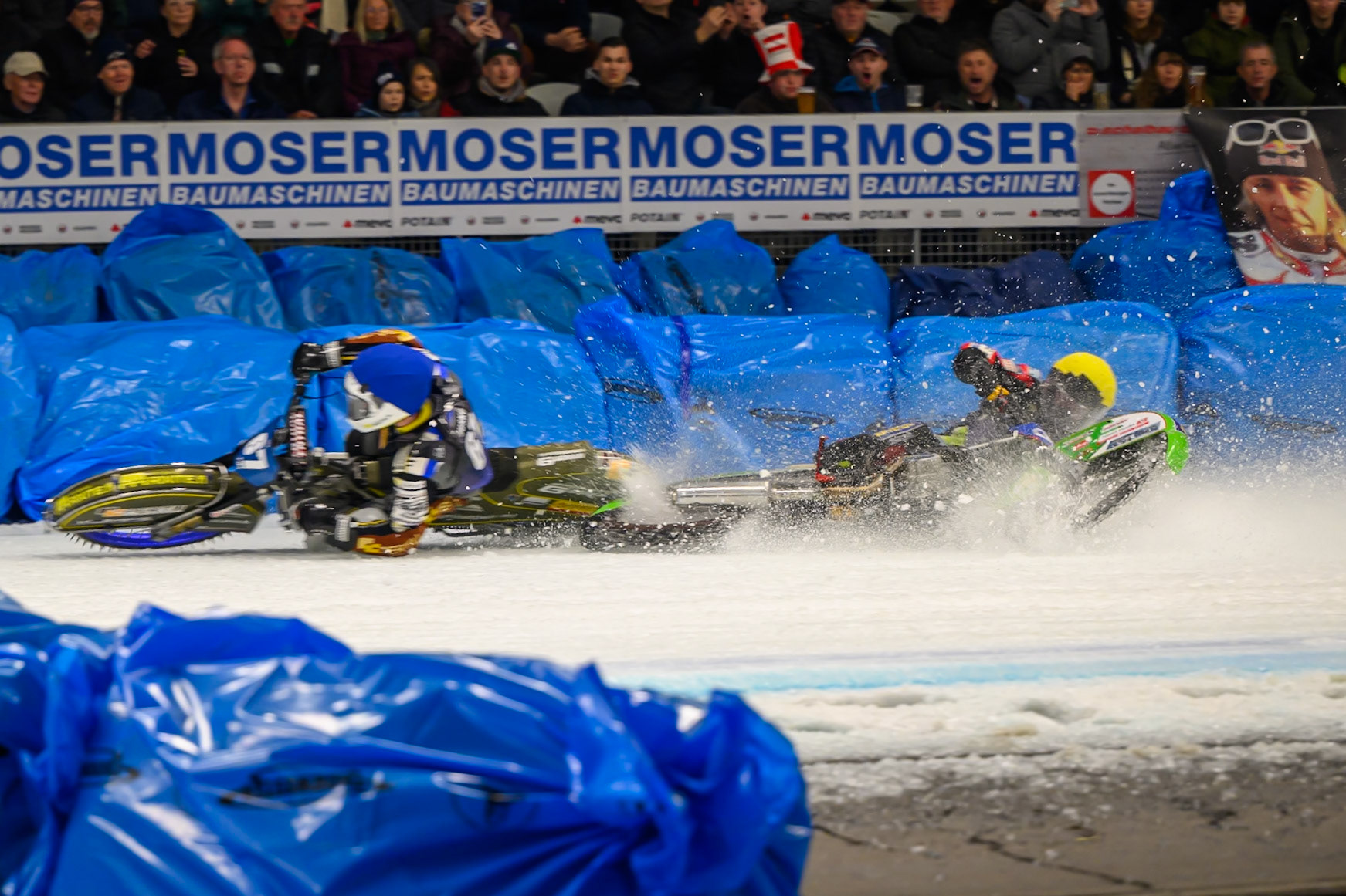 Johann Weber (33) of Germany  spins off behind Heikki Huusko (67) of Finland in Blue during the Ice Speedway Gladiators World Championship Final 1 at Max-Aicher-Arena, Inzell on Saturday 14th March 2026. (Photo: Ian Charles | MI News)