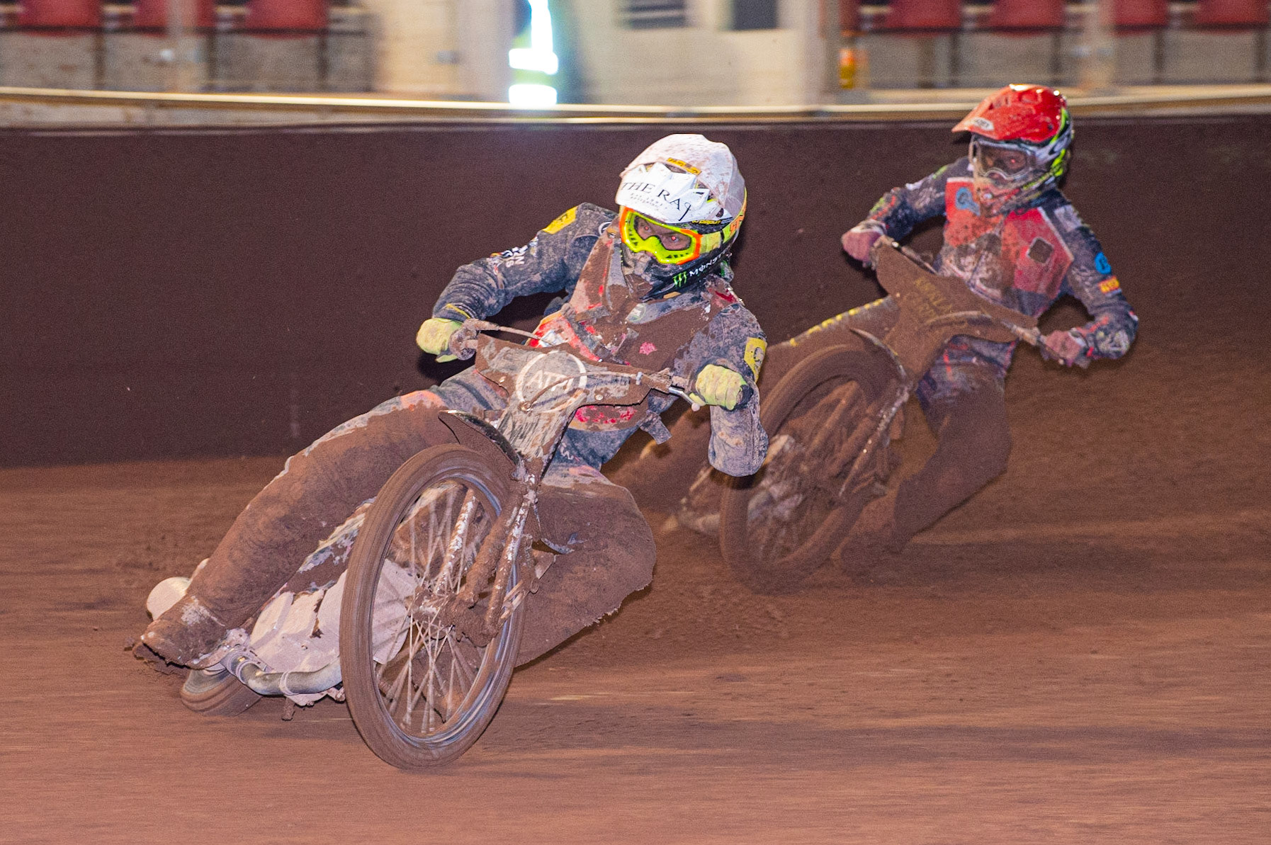 Photo: Ian Charles

Daniel Gilkes  (White) leads Kyle Bickley (Red)

Belle Vue Colts v Kent Kings, SGB National League Play Offs, Semi Final 1st Leg, Belle Vue National Speedway Stadium, Manchester, Friday 4  October  2019