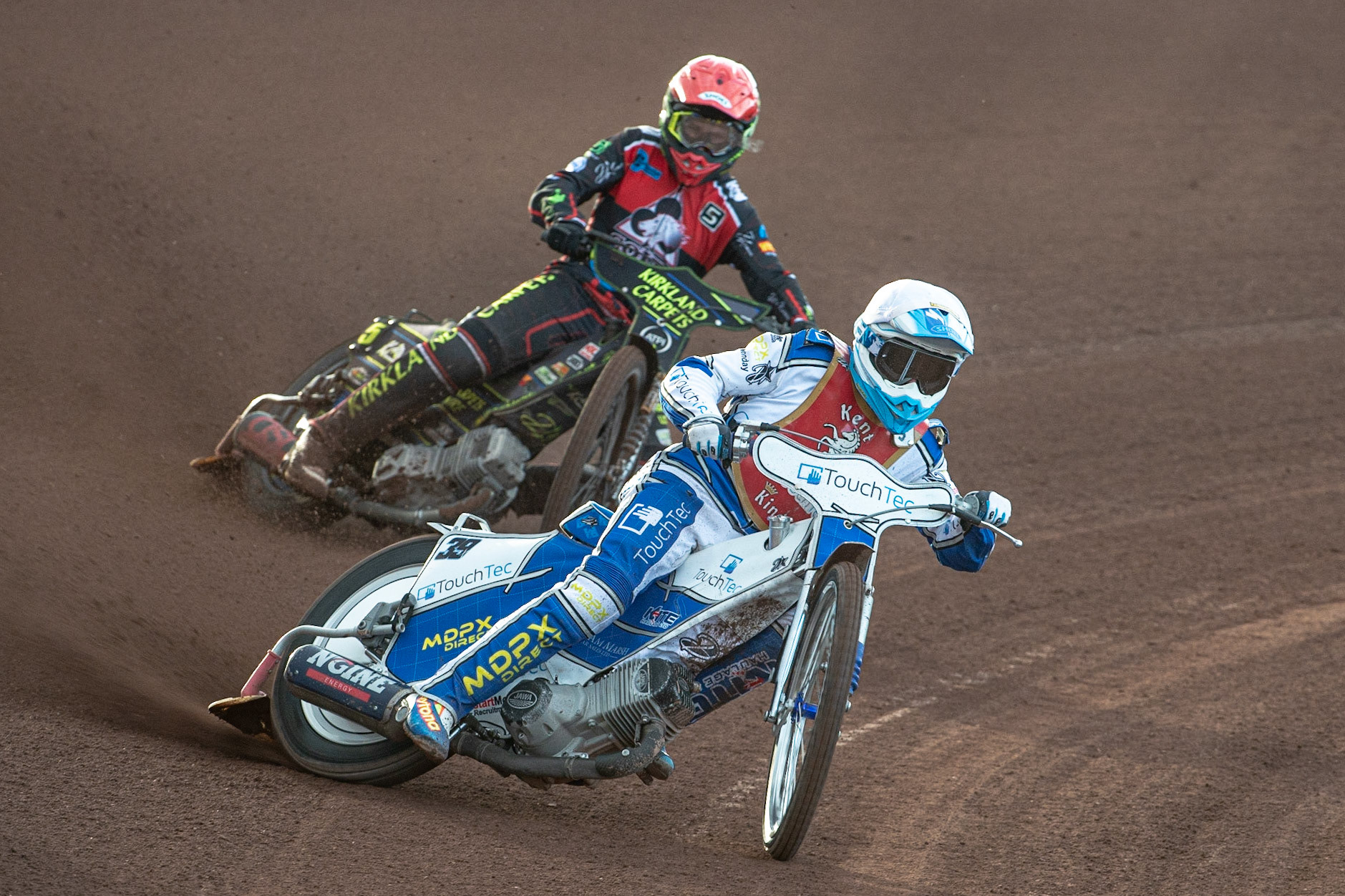 Photo: Ian Charles

Rob Ledwith (White) leads Kyle Bickley  (Red) 

Belle Vue Colts v Kent Kings, SGB National League KO Cup Quarter Final 1st Leg, Belle Vue National Speedway Stadium, Manchester, Thursday 20  June  2019