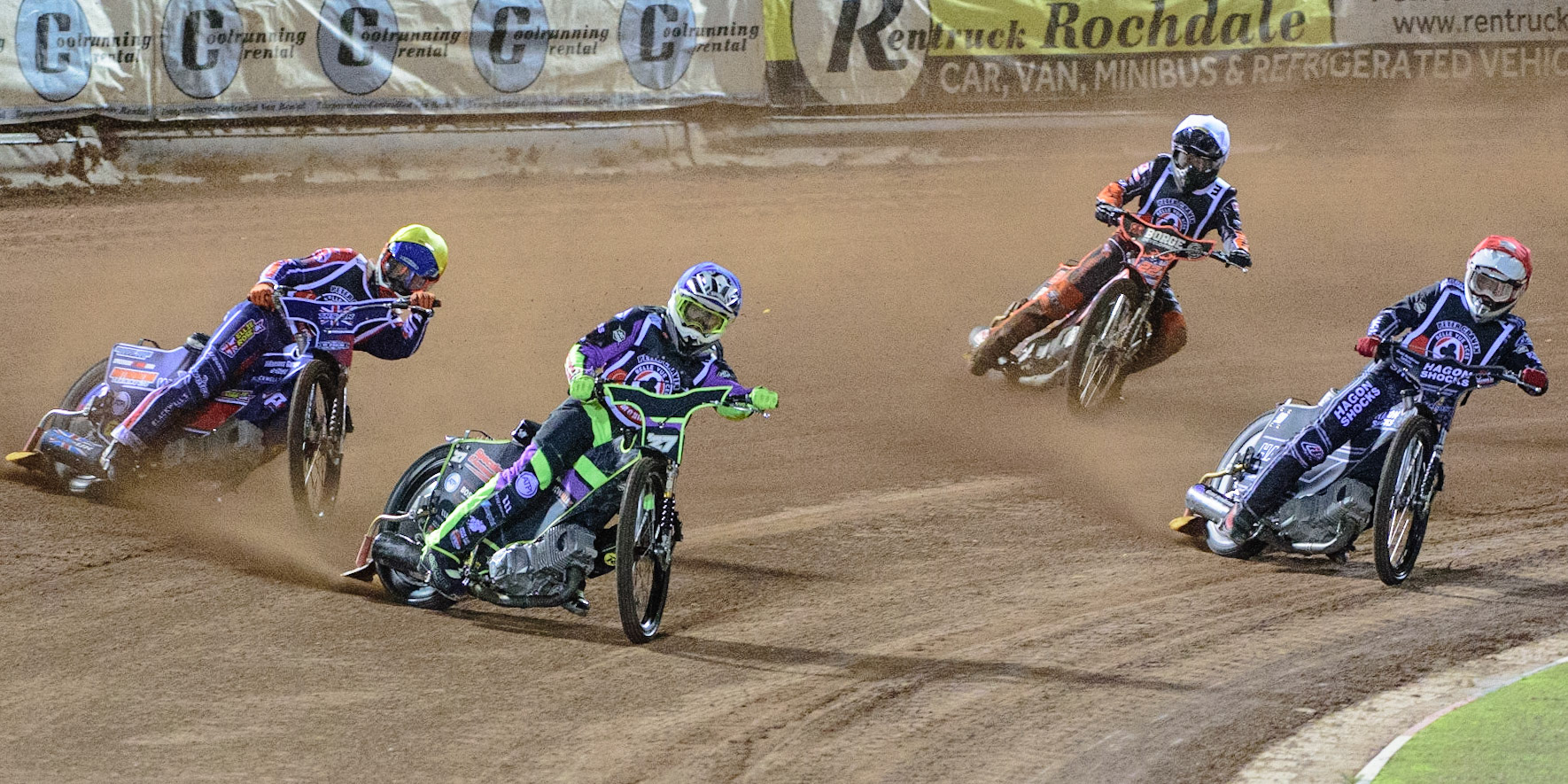 MANCHESTER, UK. OCT 23RD  Tom Brennan  (Blue) leads Jordan Palin  (Yellow), Broc Nicol  (Red) and Luke Becker  (White) during the Peter Craven Memorial Trophy event at the National Speedway Stadium, Manchester on Saturday 23rd October 2021. (Credit: Ian Charles | MI News)