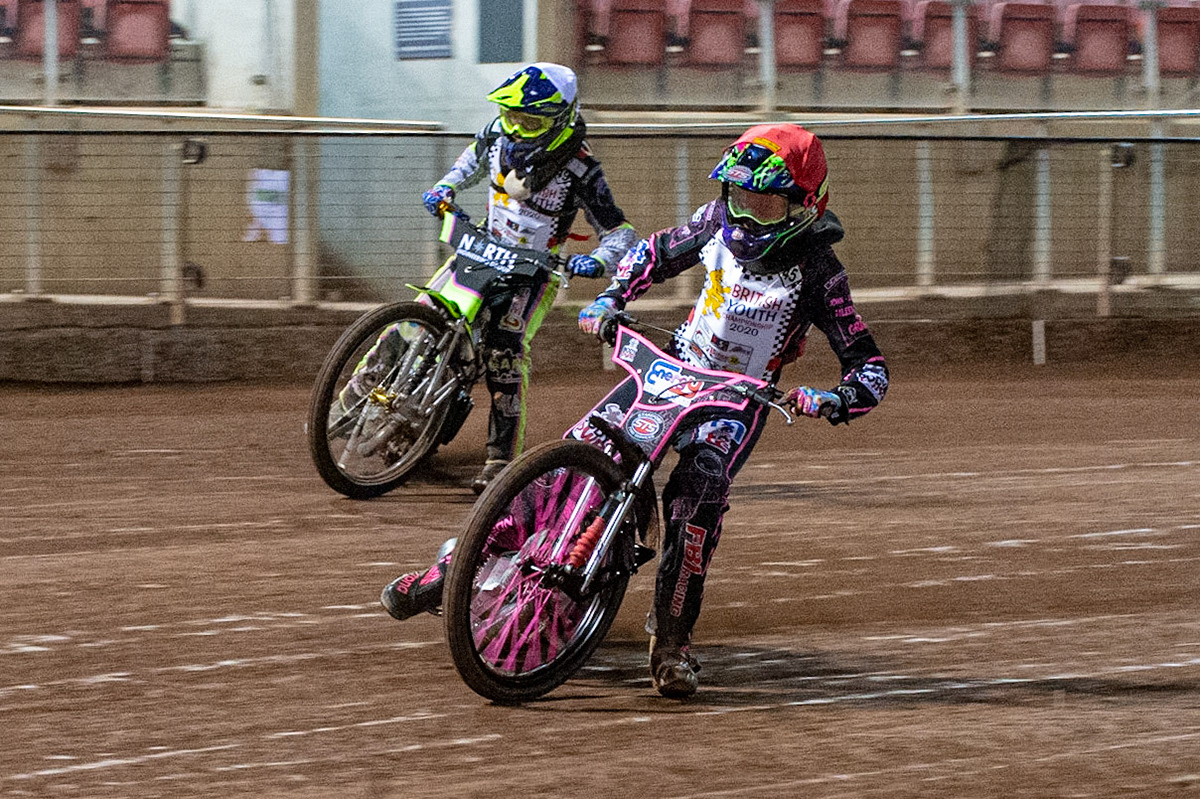 Photo: Ian CharlesDanny Smith (Red) leads Alex Goldsborough (White) (500cc B Class) British Youth Speedway Championship (Round 5), National Speedway Stadium, Manchester Saturday  10  October  2020