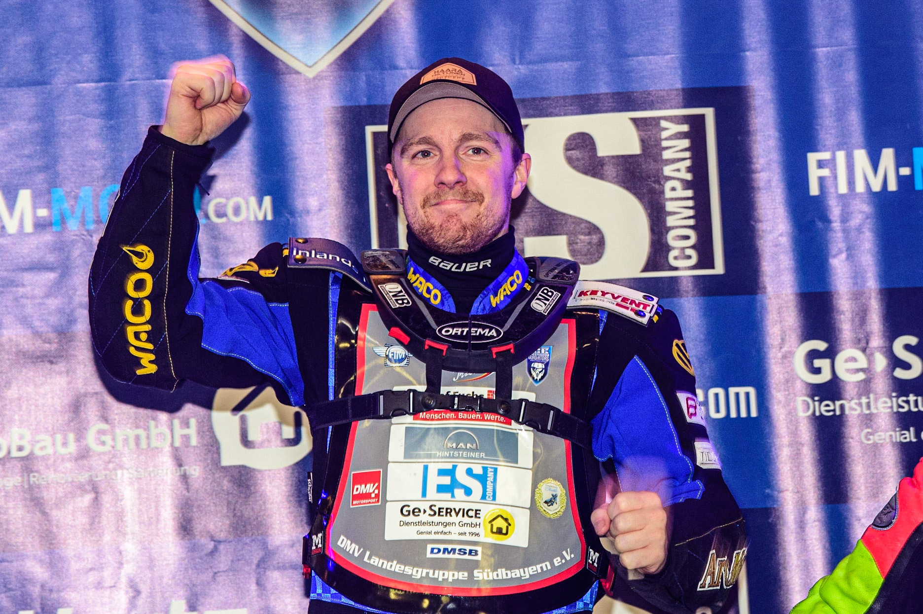 Martin Haarahiltunen on the winners spot on the Rostrum during the Ice Speedway Gladiators World Championship Final 2 at Max-Aicher-Arena, Inzell, Germany on Sunday 19th March 2023. (Photo: Ian Charles | MI News)
