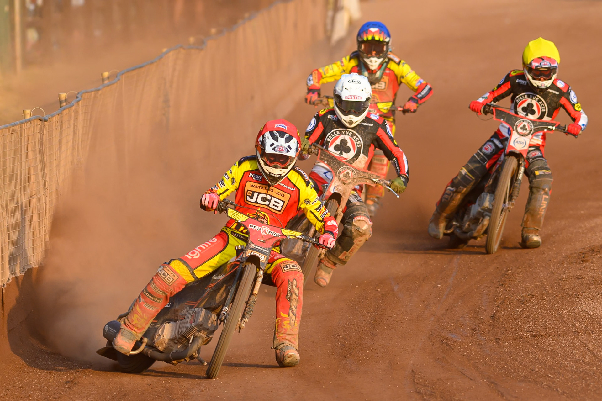 Sam Masters of Leicester Lions  in Red leading Peter Kildemand of Belle Vue Aces in White , Zach Cook of Belle Vue Aces  in Yellow and Drew Kemp of Leicester Lions  in Yellow during the Rowe Motor Oil Premiership match between Leicester Lions and Belle Vue Aces at the Hydroscan Arena, Leicester on Thursday 23rd July 2026. (Photo: Ian Charles | MI News)