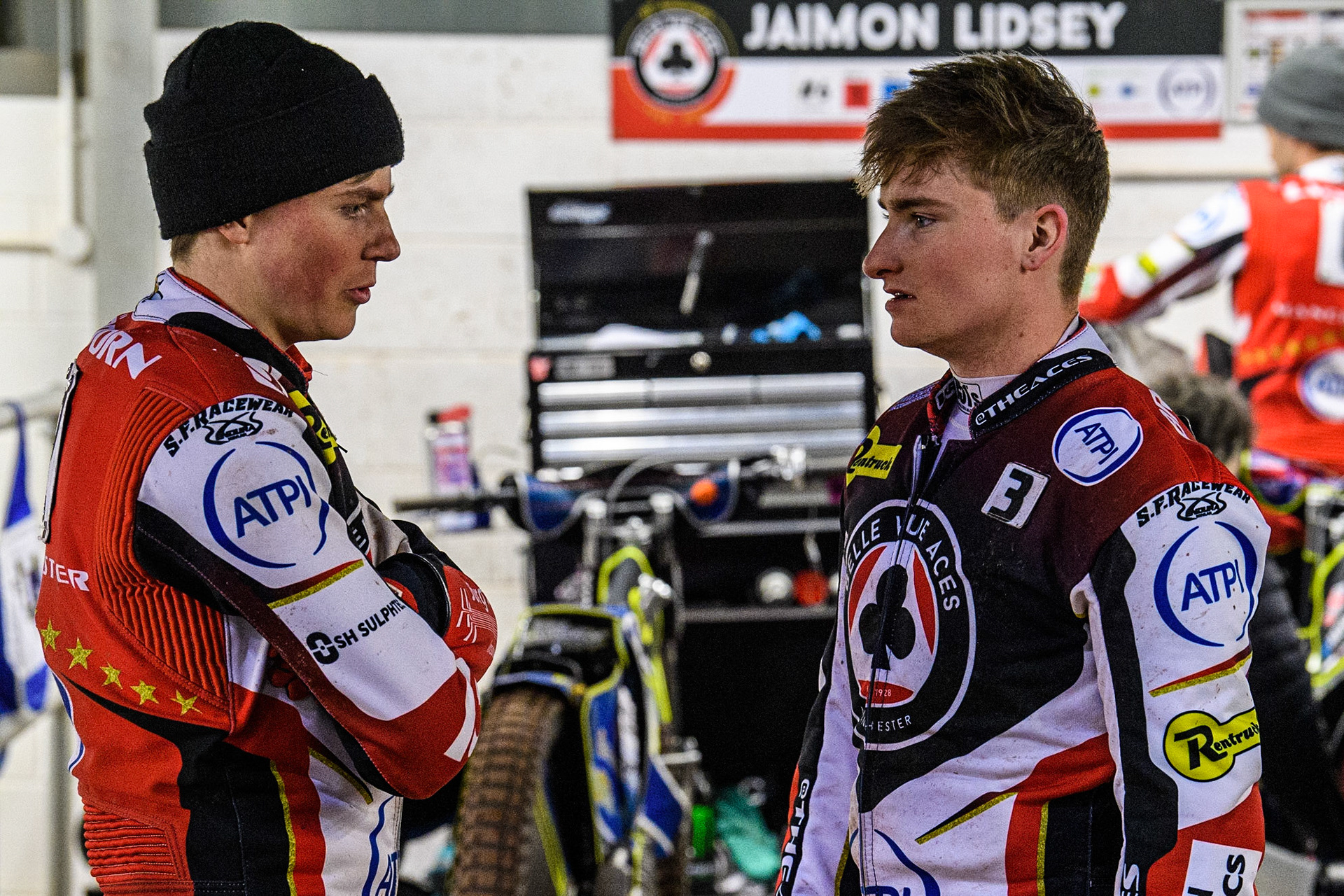 Norick Blodorn  (left) chats with team mate Tom Brennan during the SGB Premiership match between Belle Vue Aces and Peterborough at the National Speedway Stadium, Manchester on Monday 24th April 2023. (Photo: Ian Charles | MI News)
