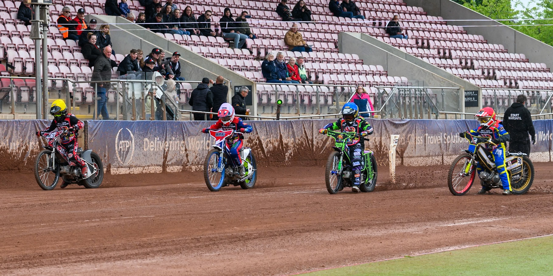 125cc Class Star: (L to R) Charlie Luckman (367) in Yellow, Fraser Buckle (555) in White Lewis Hague (322) in Blue Archie Whitelam (92) in Red during the British Youth Championship (125cc) Round 2A, at the National Speedway Stadium, Manchester on Sunday 1st June 2025. (Photo: Ian Charles | MI News)