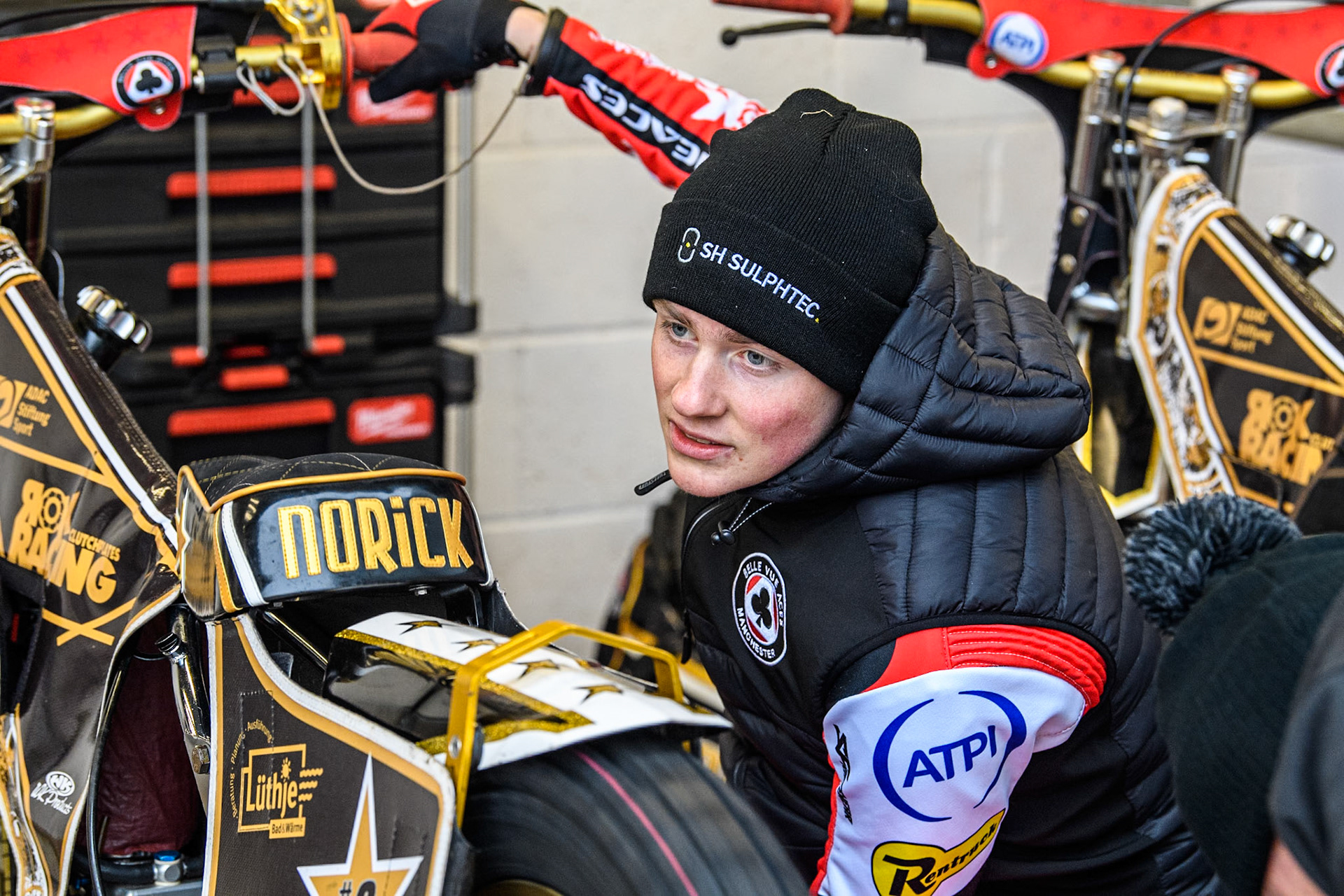 Belle Vue ATPI Aces Norick Blodorn during the Rowe Motor Oil Premiership KO Cup Quarter Final 1st Leg between Belle Vue Aces and Sheffield Tigers at the National Speedway Stadium, Manchester on Monday 1st April 2024. (Photo: Ian Charles | MI News)