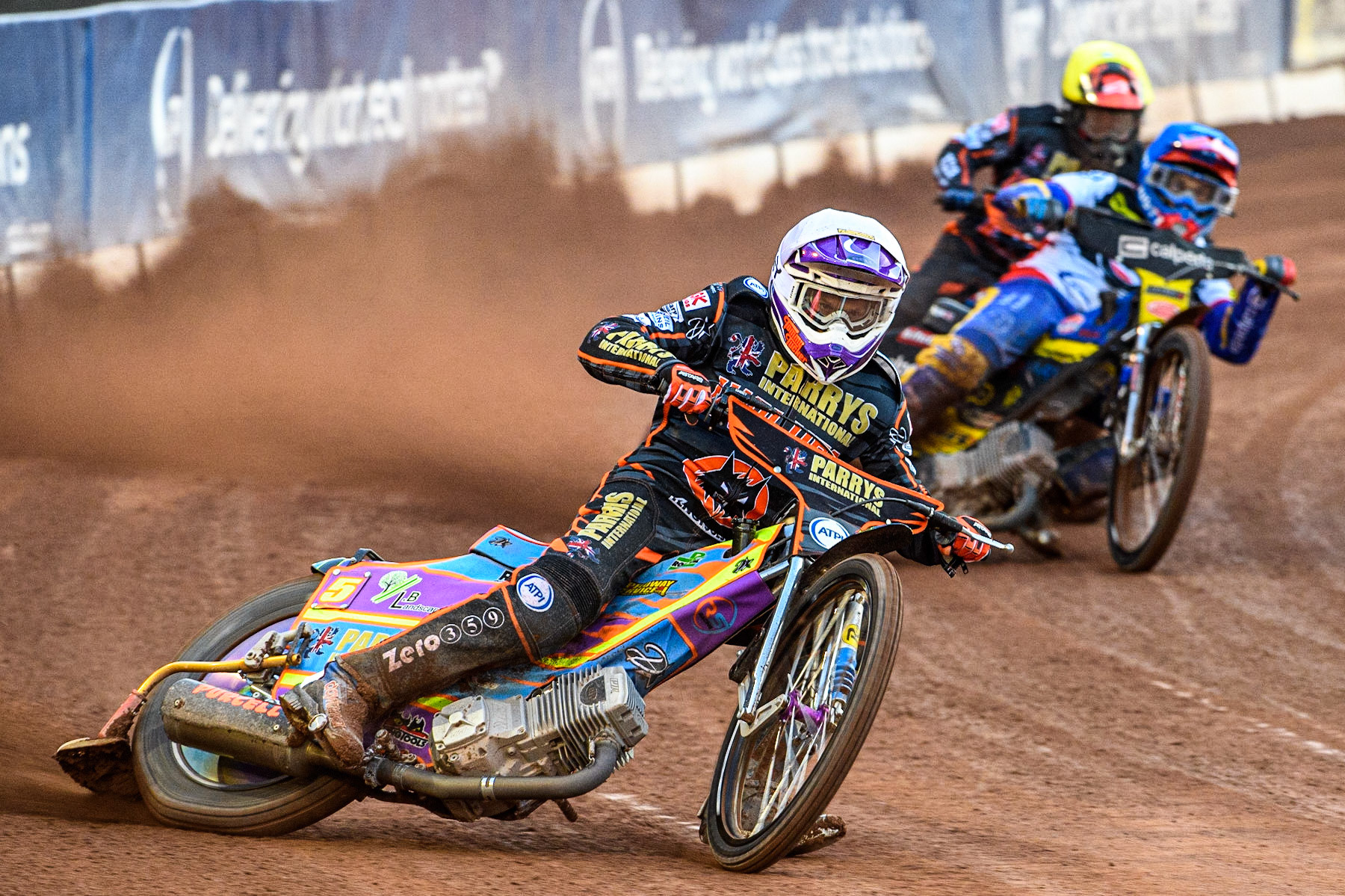 Rory Schlein (White) leads Paco Castagna (Blue) and Zach Cook (Yellow) during the Sports Insure Premiership Knock Out Cup Quarter Final 2nd Leg between Belle Vue Aces and Wolverhampton Wolves at the National Speedway Stadium, Manchester on Thursday 18th May 2023. (Photo: Ian Charles | MI News)