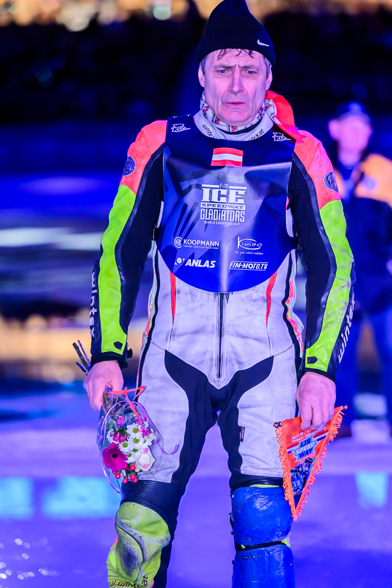 Wild Card Harald Simon (16) of Austria during the FIM Ice Speedway Gladiators World Championship Final 3 at Ice Rink Thialf, Heerenveen on Saturday 11th April 2026. (Photo: Ian Charles | MI News)