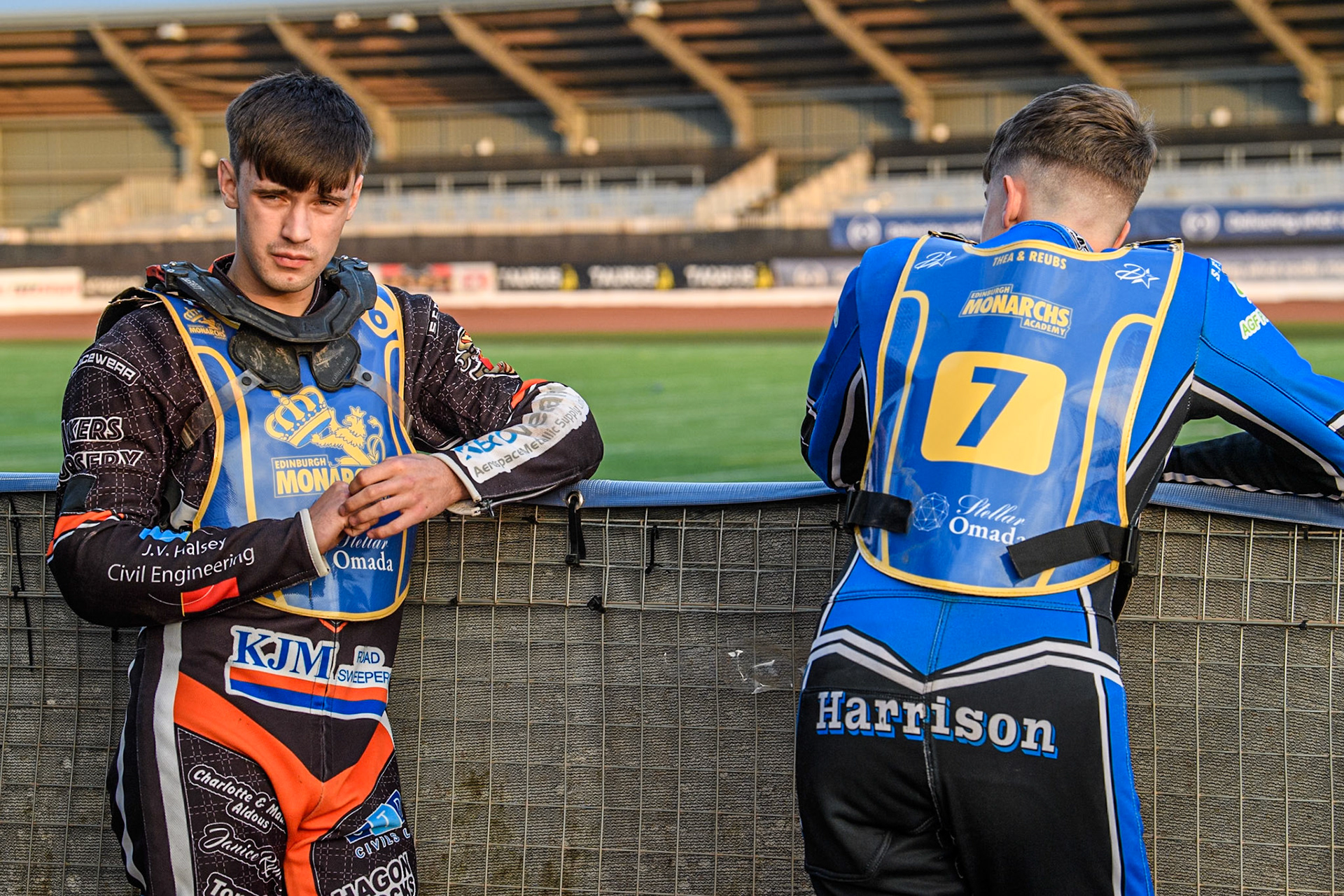Edinburgh Monarchs' Mark Parker and Edinburgh Monarchs' Guest Rider Lee Harrison wait for the meeting start during the WSRA National Development League match between Belle Vue Aces and Edinburgh Monarchs at the National Speedway Stadium, Manchester on Friday 30th August 2024. (Photo: Ian Charles | MI News)