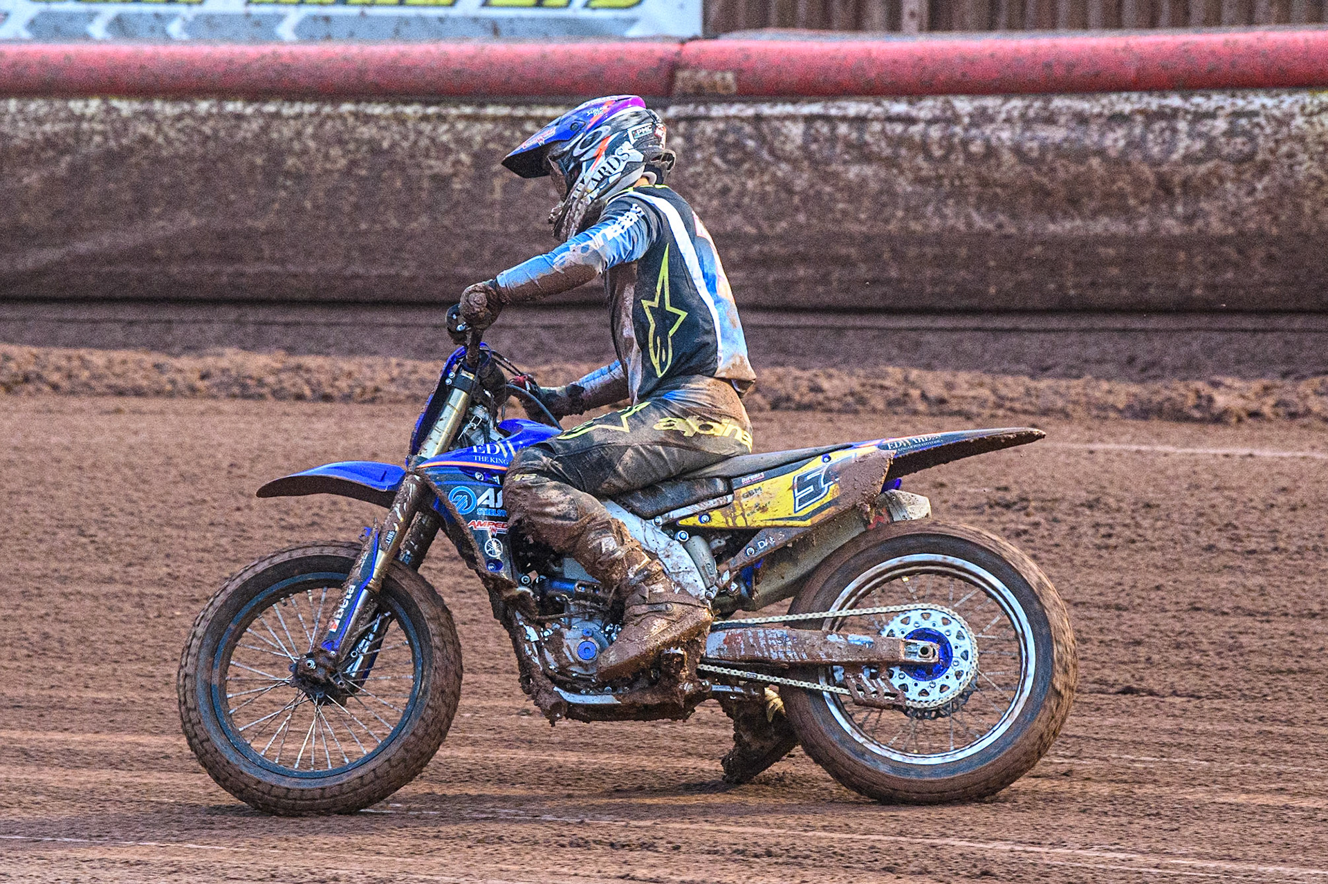 Tim Neave (54) from Great Britain tries to restart his bike during the race during the FIM World Flat Track Championship Round 1 at the National Speedway Stadium, Manchester on Saturday 5th August 2023. (Photo: Ian Charles | MI News)