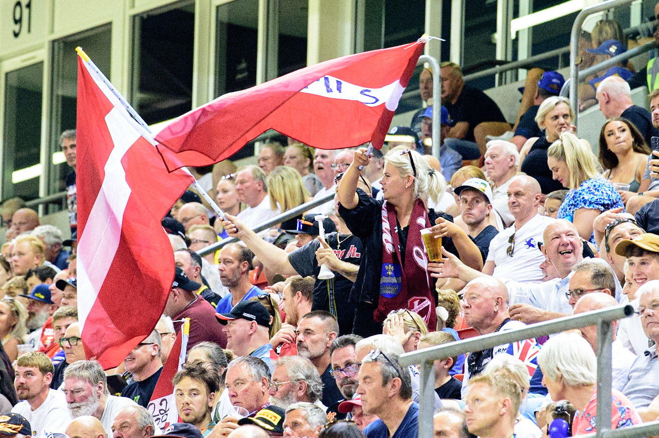 Two Latvian fans in the crowd during the FIM  Speedway Grand Prix of Great Britain at the Principality Stadium, Cardiff on Saturday 13th August 2022. (Credit: Ian Charles | MI News
