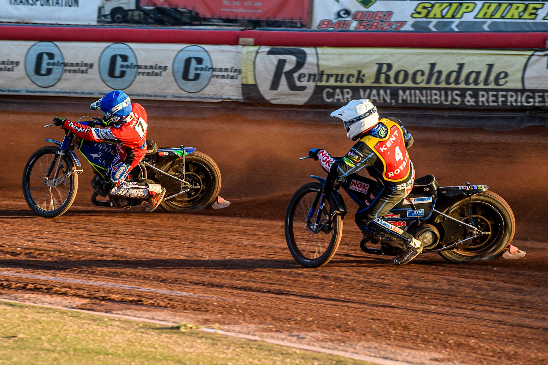Luke Muff (Blue) leads Tom Woolley (White) during the National Development League match between Belle Vue Colts and Kent Royals at the National Speedway Stadium, Manchester on Friday 7th July 2023. (Photo: Ian Charles | MI News)