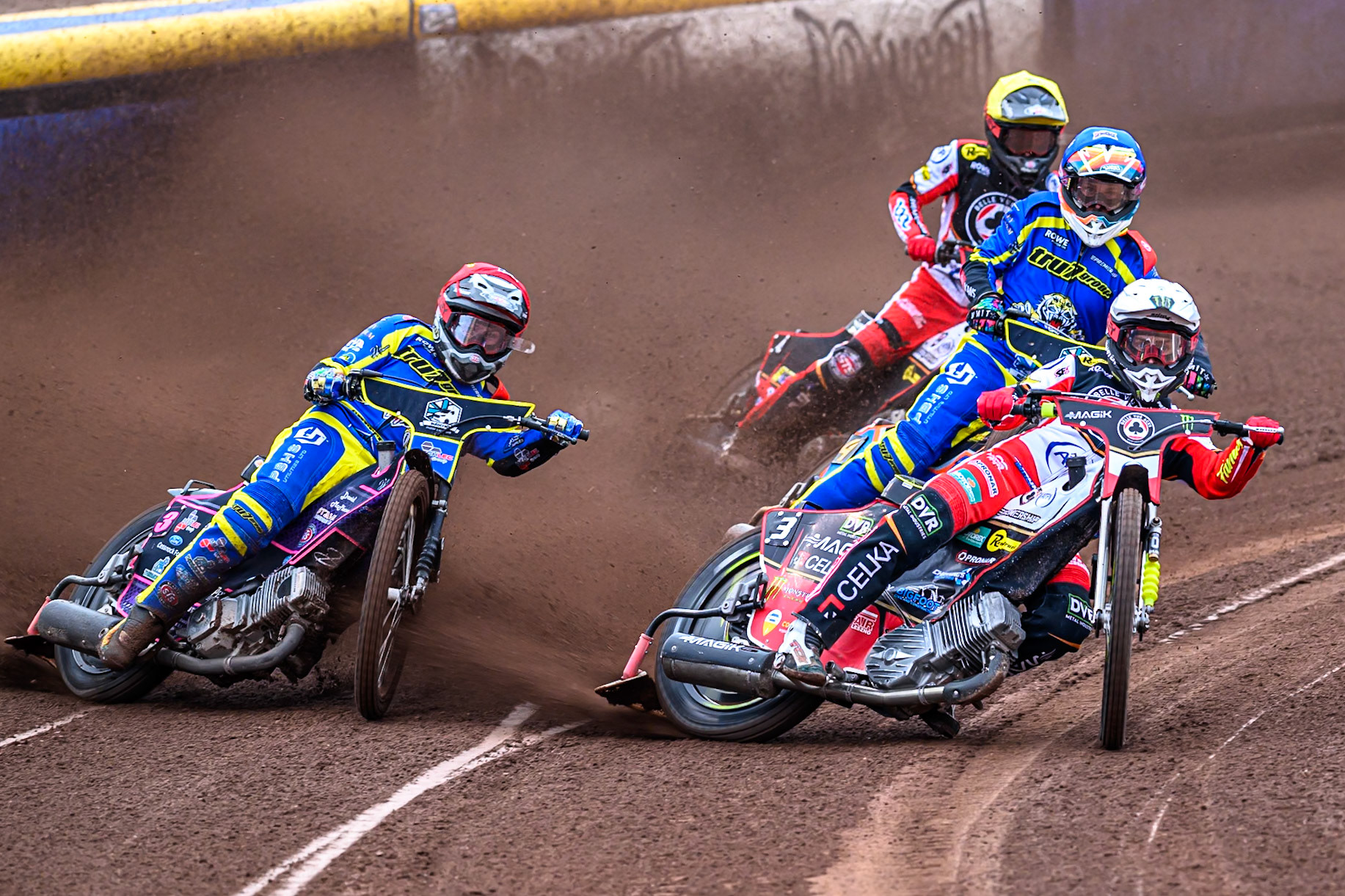 Jaimon Lidsey of Belle Vue Aces  in White leading Josh Pickering of Sheffield Tigers  in Red, Nick Morris of Sheffield Tigers in Blue and Zach Cook of Belle Vue Aces   in Yellow during the Rowe Motor Oil Premiership match between Sheffield Tigers and Belle Vue Aces at Owlerton Stadium, Sheffield on Monday 11th August 2025. (Photo: Ian Charles | MI News)