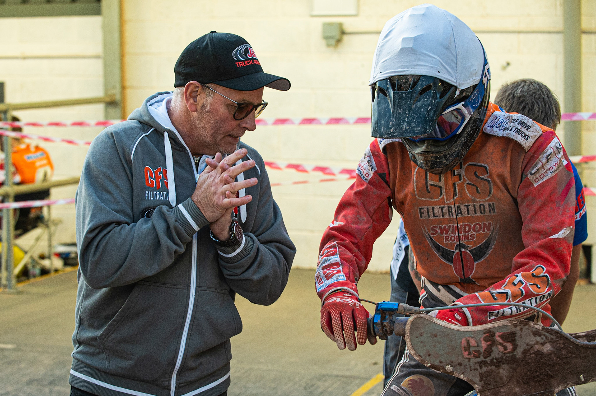Photo by Ian Charles

Alun Rossiter  (left) gives last minute advice to Adam Ellis 

Belle Vue Aces v Swindon Robins, British Speedway Premiership, Belle Vue National Speedway Stadium, Manchester, Monday 12  August  2019