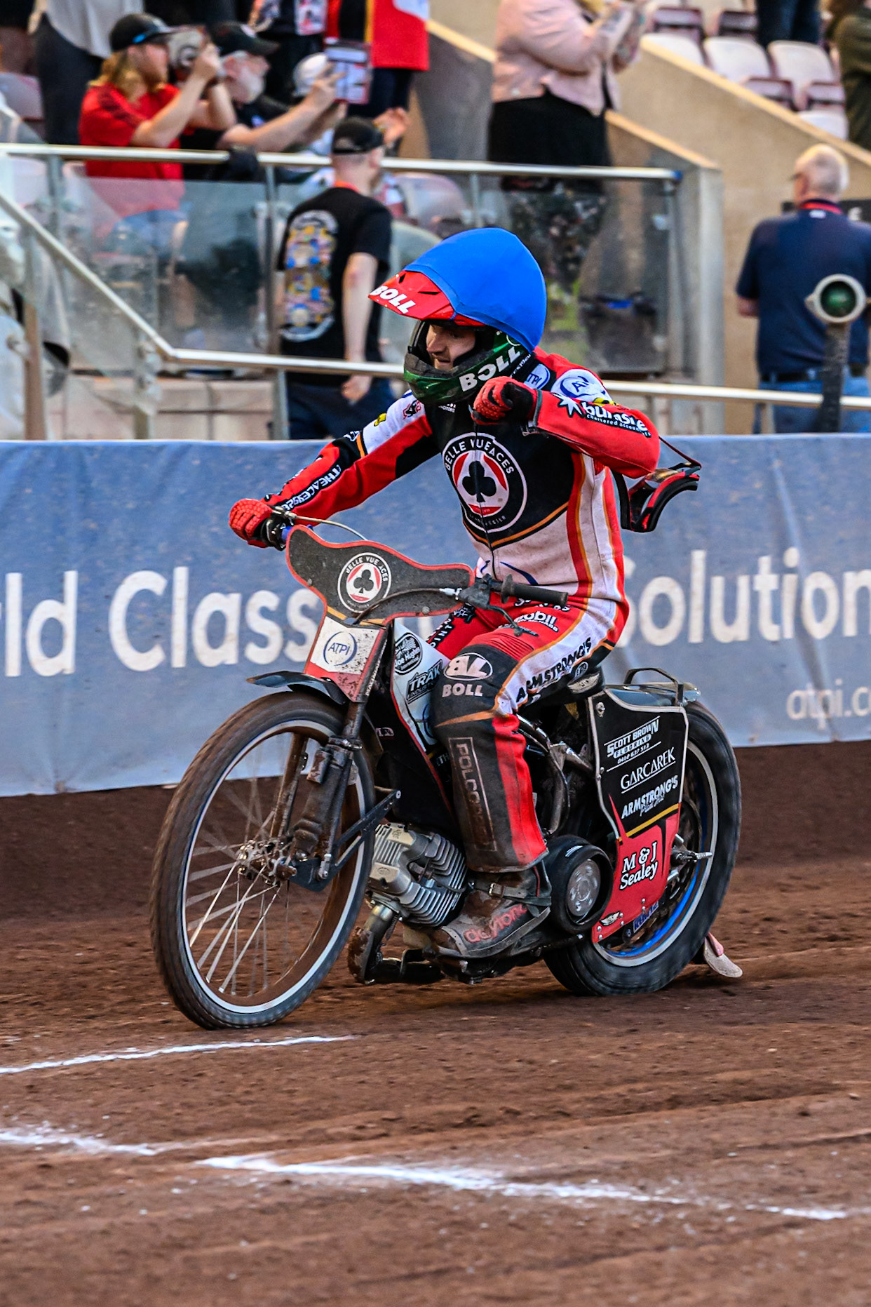 Belle Vue Aces' Brady Kurtz acknowledges the fans after the final heat during the Rowe Motor Oil Premiership match between Belle Vue Aces and Ipswich Witches at the National Speedway Stadium, Manchester on Monday 30th June 2025. (Photo: Ian Charles | MI News)