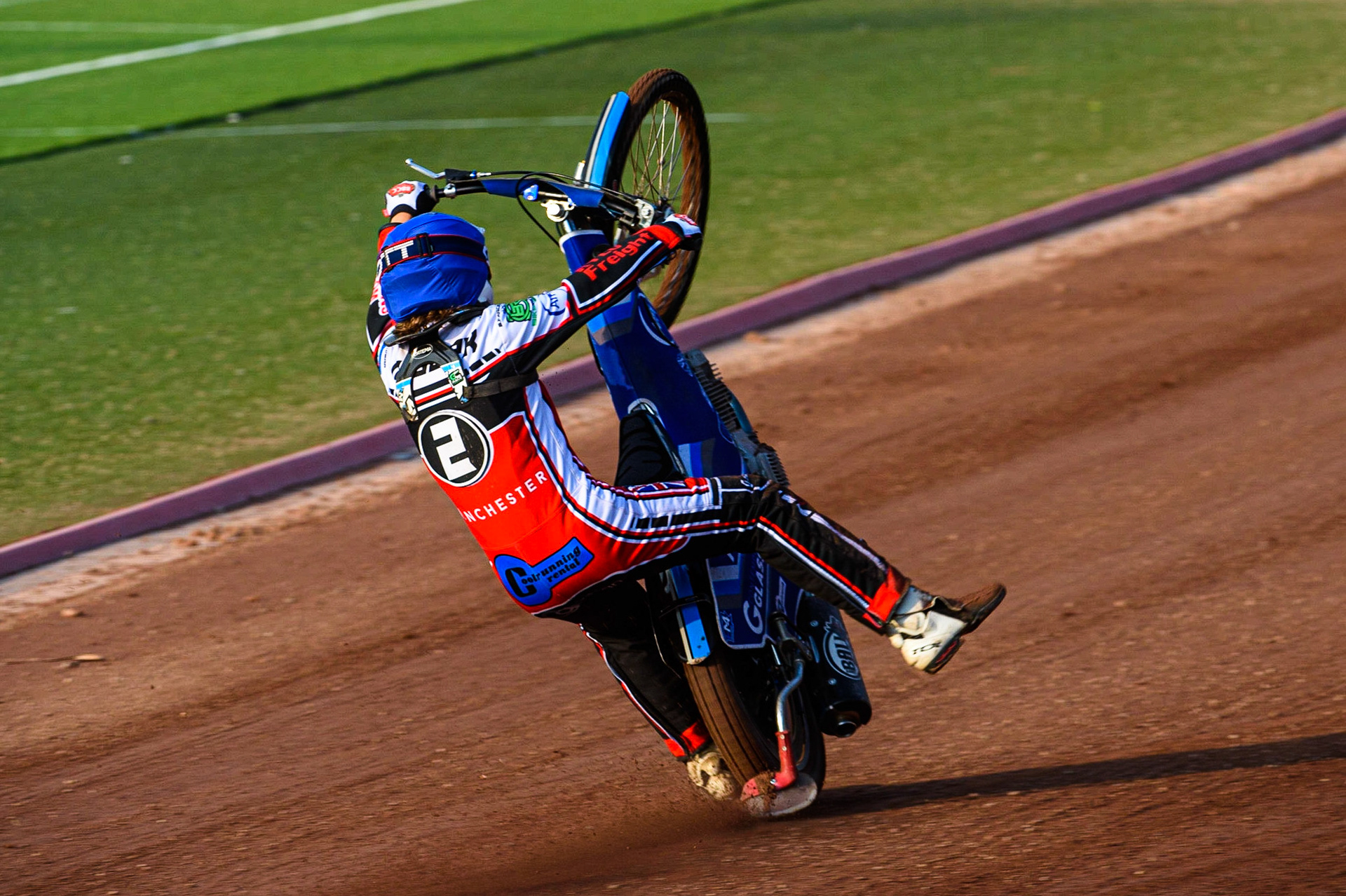 MANCHESTER, UK. JULY 23RD Harry McGurk  \loses control of his machine on the back straight during the National Development League match between Belle Vue Colts and Eastbourne Seagulls at the National Speedway Stadium, Manchester on Friday 23rd July 2021. (Credit: Ian Charles | MI News)