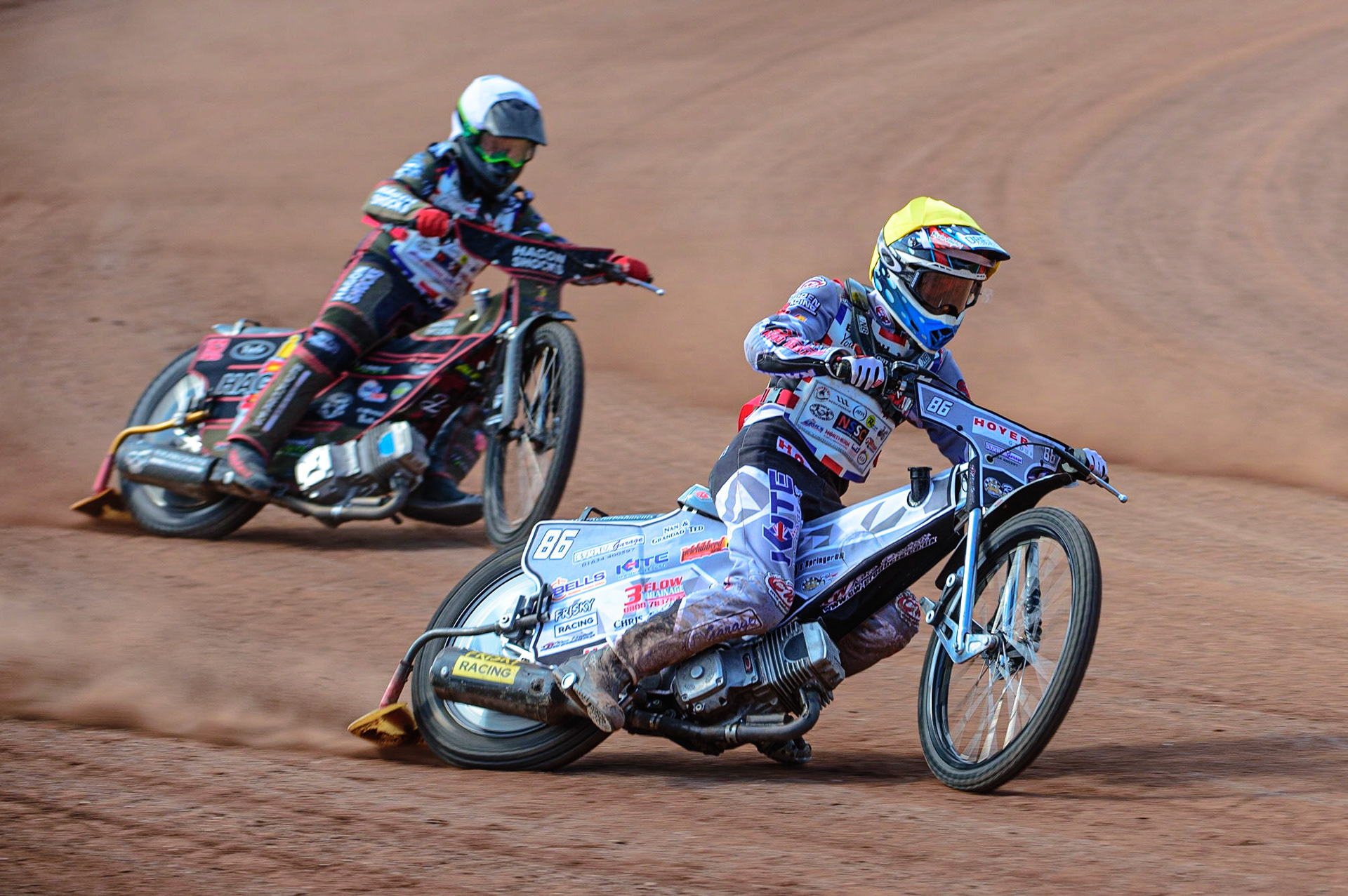 MANCHESTER, UK. JUN 3RD Sonny Springer (86)  (Yellow) leads Ashton Vale (152) (White) during the British Youth Speedway Championship (Round 4)  at the National Speedway Stadium, Manchester on Friday 3rd June 2022. (Credit: Ian Charles | MI News)