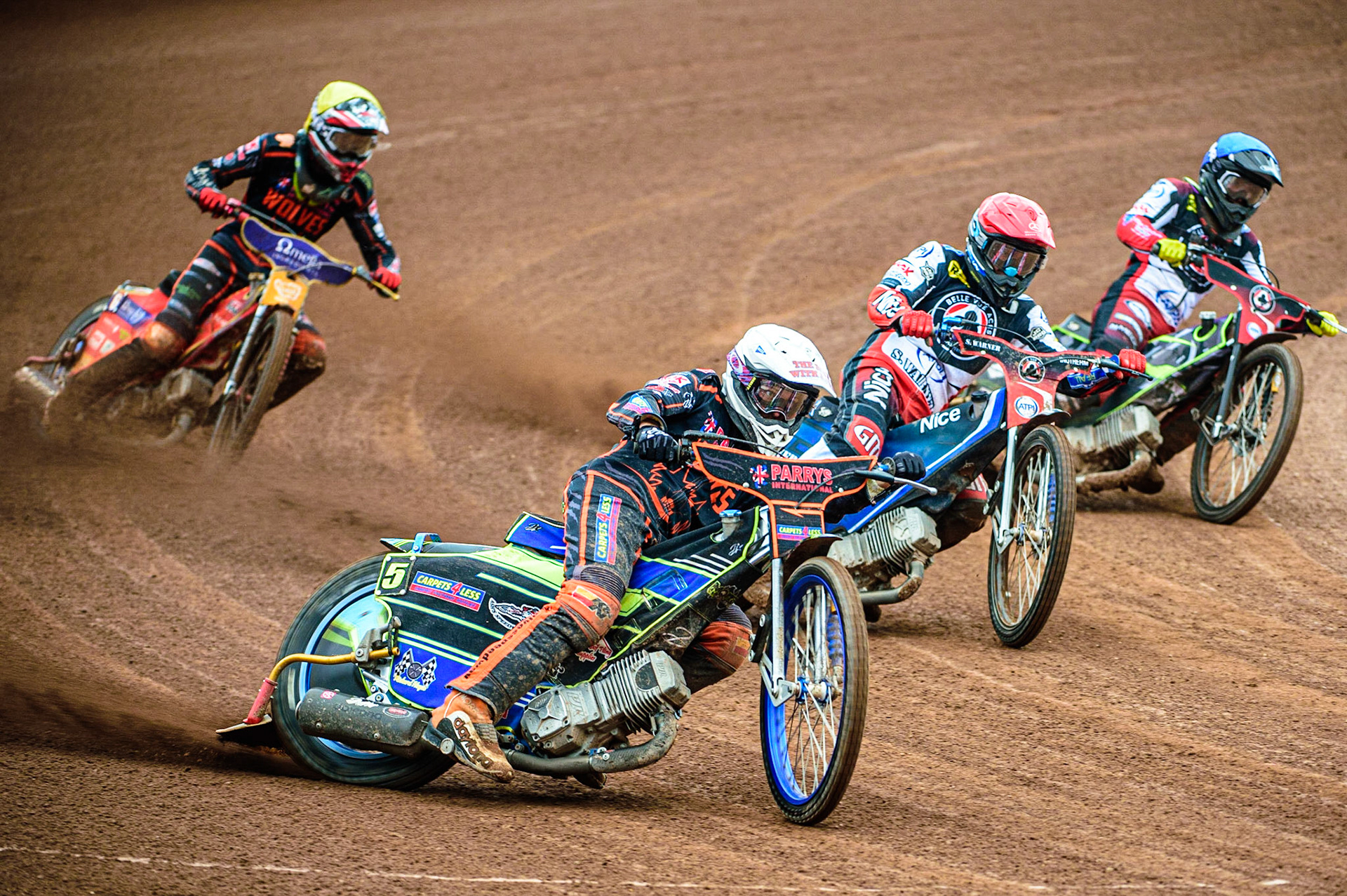 Nick Morris  (White) leads Matej Zagar  (Red), Tom Brennan  (Blue) and Drew Kemp  (Yellow) during the SGB Premiership match between Belle Vue Aces and Wolverhampton Wolves at the National Speedway Stadium, Manchester on Monday 29th August 2022. (Credit: Ian Charles | MI News)