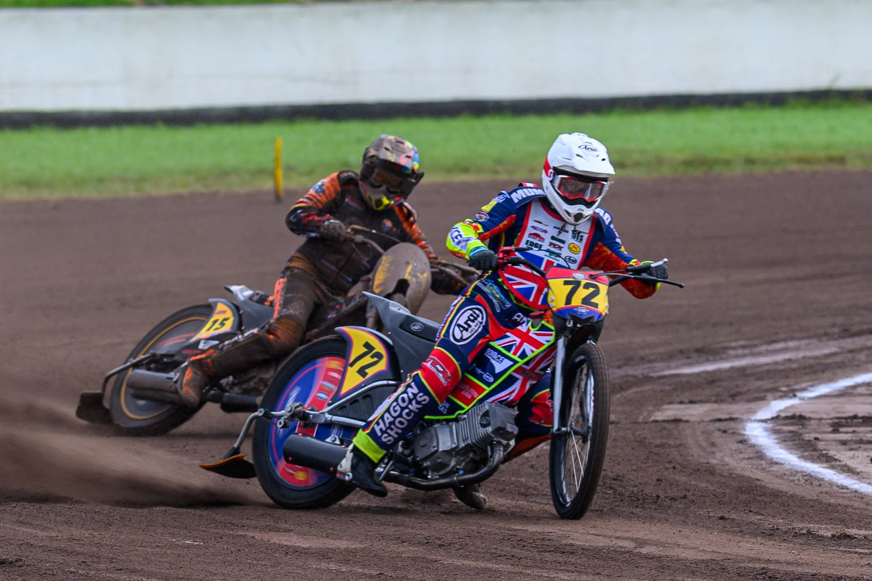 Jake Mulford (72) of Great Britain leading Wild Card Rider Romano Hummel (15) of The Netherlands in practice during the FIM Long Track World Championship Final 4, at the Speed Centre Roden, Netherlands on Sunday 21st September 2025. (Photo: Ian Charles | MI News)