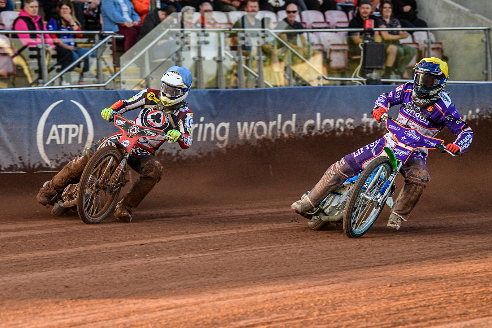 Jake Mulford (Blue) outside Hans Andersen (Yellow) during the Sports Insure Premiership match between Belle Vue Aces and Peterborough at the National Speedway Stadium, Manchester on Monday 19th June 2023. (Photo: Ian Charles | MI News)