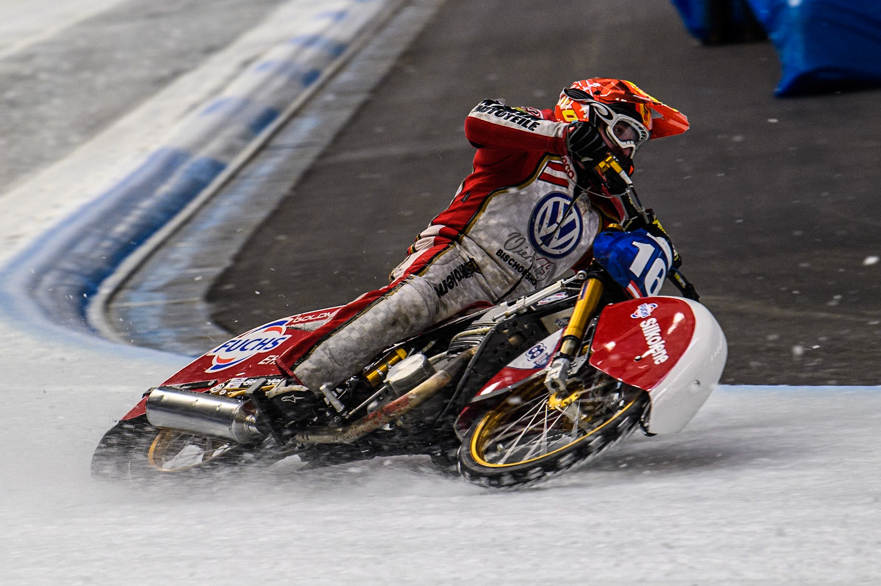 Reserve Josef Kreuzberger (18) of Austria in action  during practice for  the Ice Speedway Gladiators World Championship Finals 1 &amp; 2 at Max-Aicher-Arena, Inzell on Friday 14th March 2025. (Photo: Ian Charles | MI News)