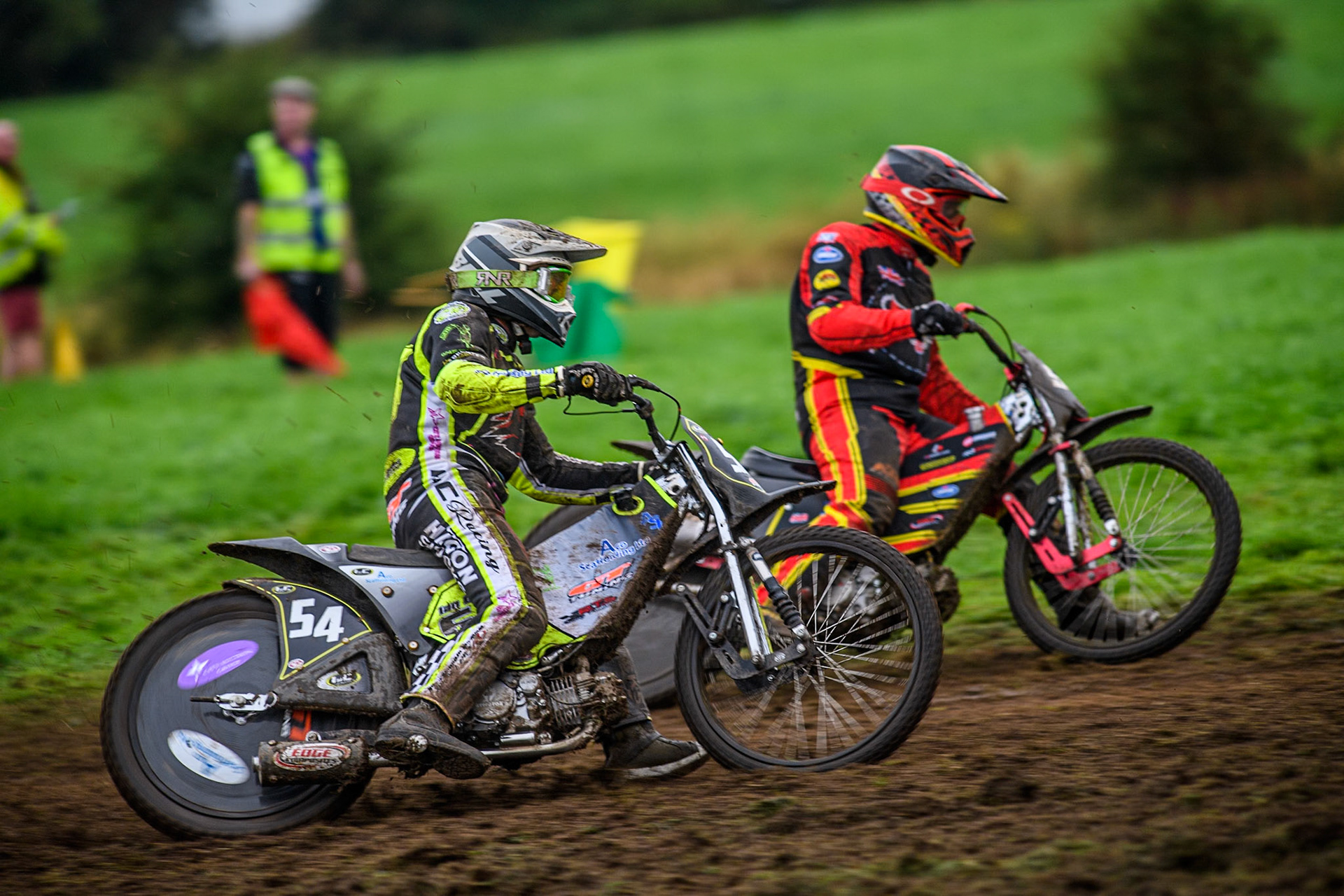 Ian Clark (54) rides outside Adam Hawker (50) in the GT140 Support Class during the ACU British Upright Championships at Woodhouse Lance, Gawsworth, Cheshire on Sunday 8th September 2024. (Photo: Ian Charles | MI News)