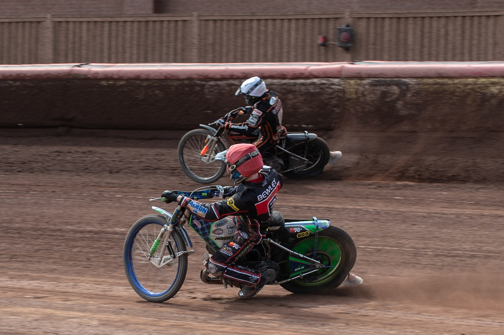 Photo by Ian Charles:

Dan Bewley (Red) chases Sam Masters  (White)

Belle Vue Aces v Wolverhampton Wolves, National Speedway Stadium, Manchester, Monday, 22, April, 2019